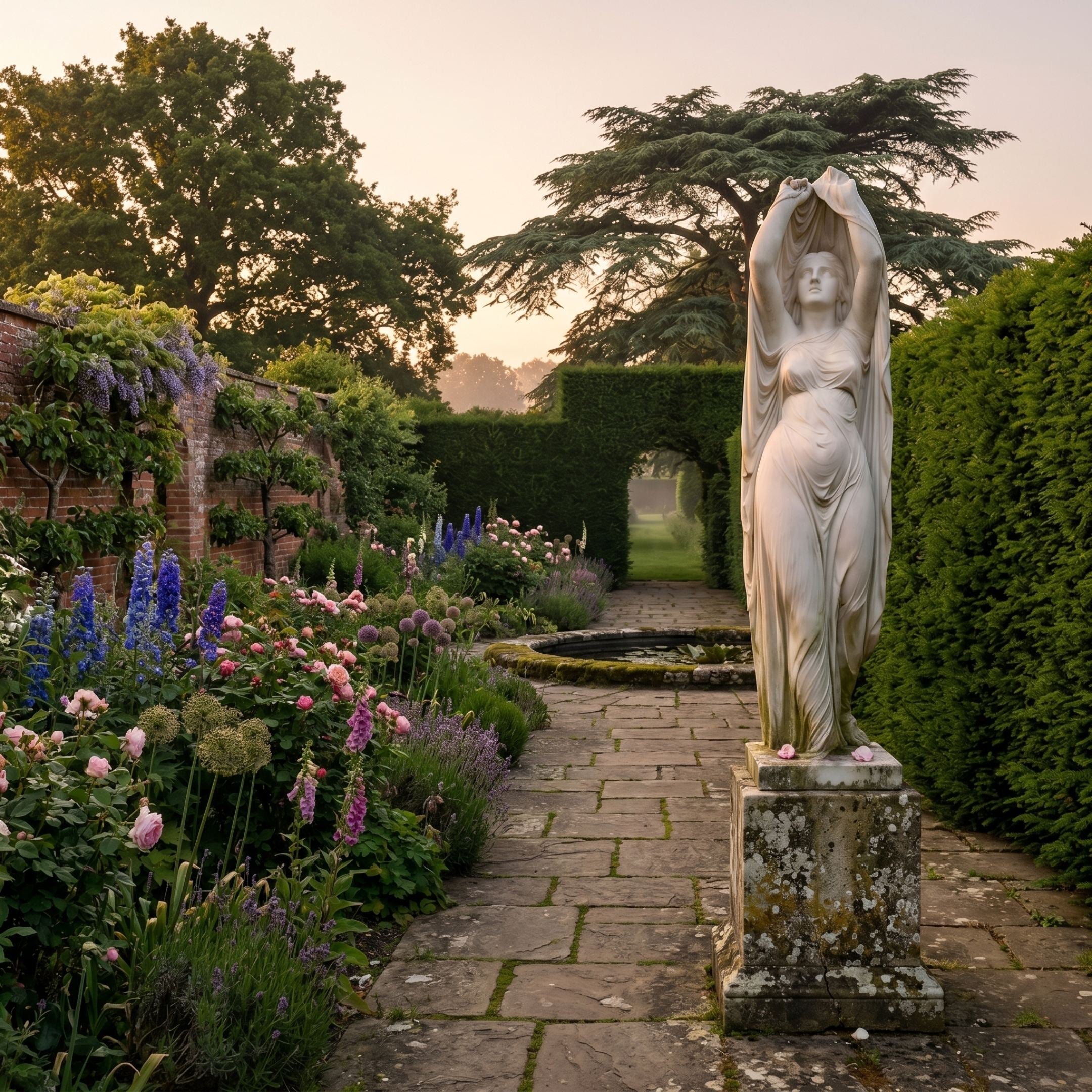 Veiled Woman Marble Sculpture 180cm by Giant Sculptures on a weathered stone plinth in a walled garden with roses, delphiniums, and a lily pond at dusk.