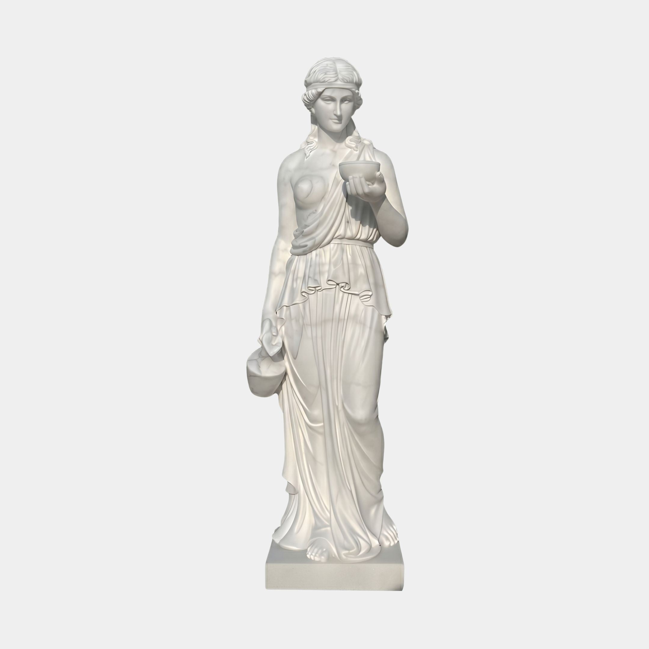 Standing Woman with Cherubs Marble Sculpture by Giant Sculptures, 160cm white marble figure in draped robe holding a bowl, shown on a plain light background.