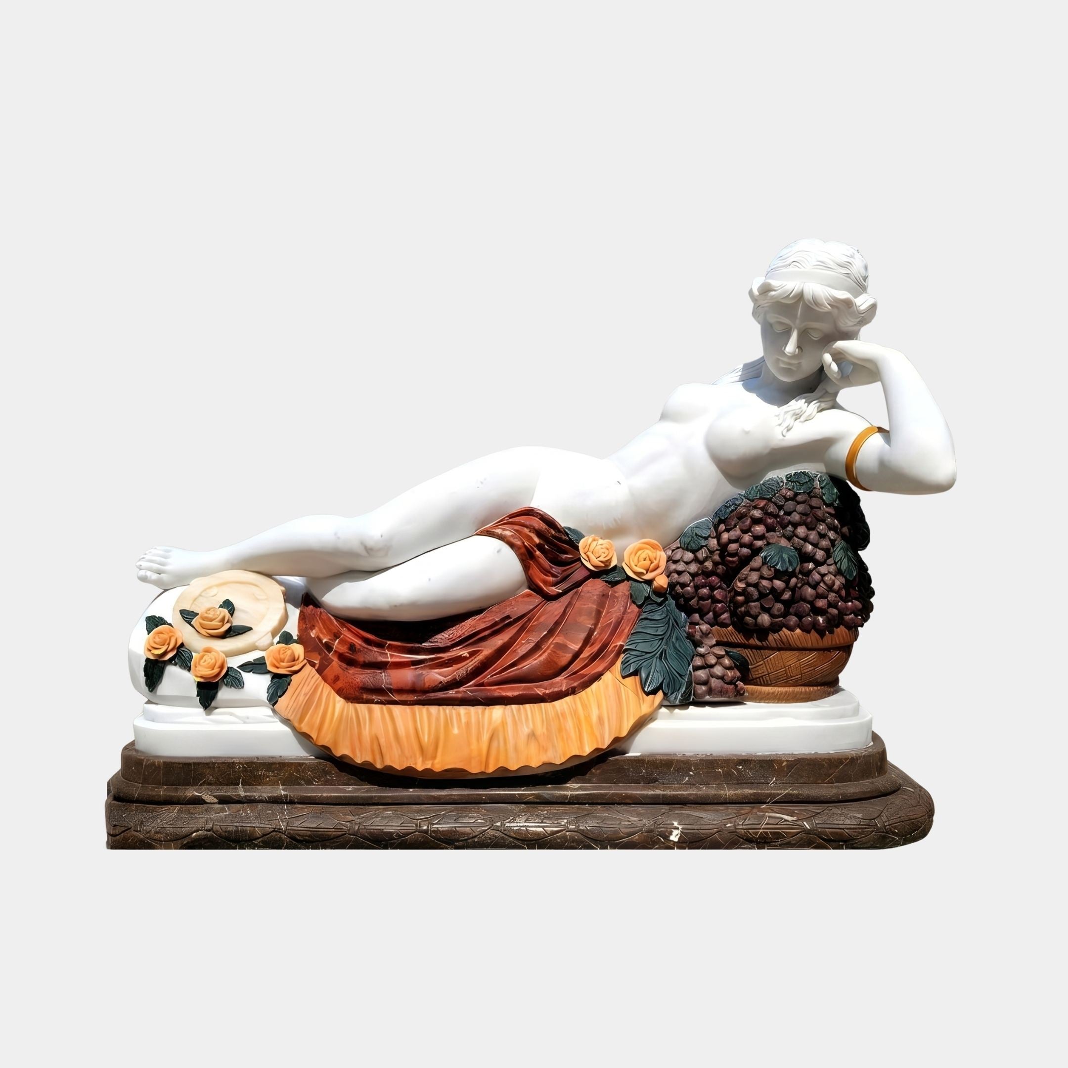 Reclining Woman Marble Sculpture 130cm by Giant Sculptures, a classical nude figure resting on red and amber drapery beside a basket of grapes and roses.