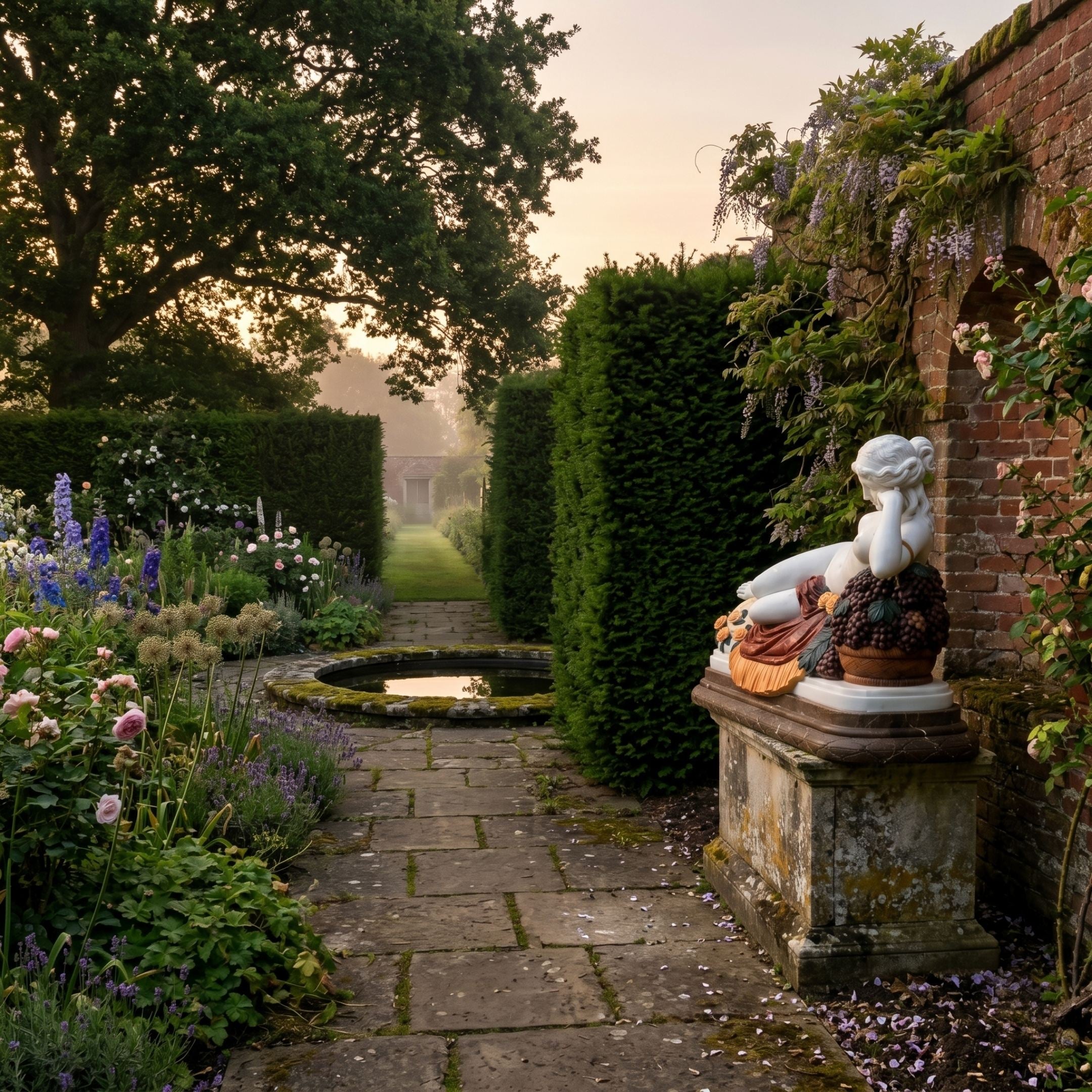 Giant Sculptures Reclining Woman Marble Sculpture 130cm displayed on a weathered stone plinth beside a wisteria-clad brick wall in a misty walled garden with lily pond.