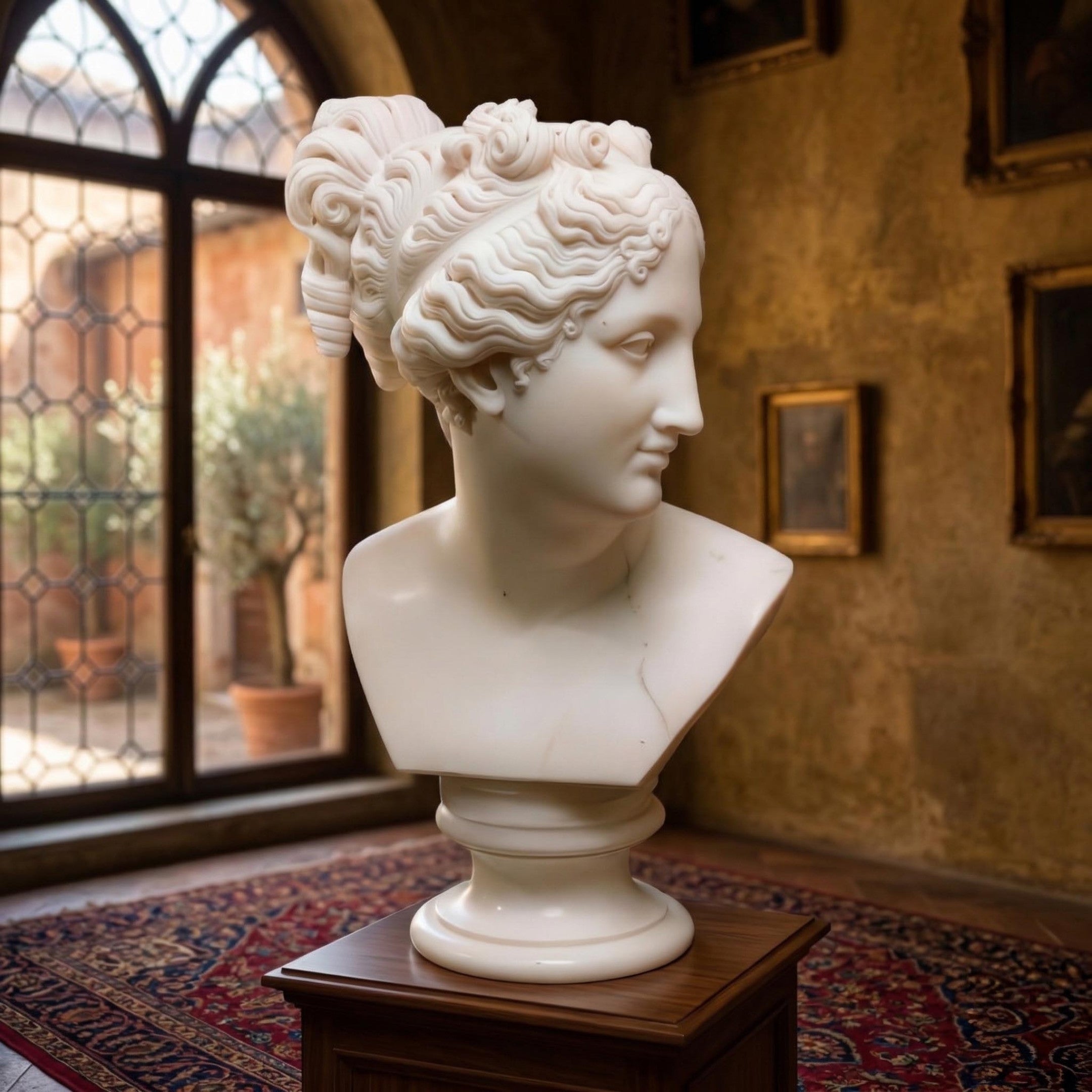 The Venus Marble Bust Sculpture - 65cm by Giant Sculptures, featuring a woman with curly hair, stands on a pedestal in an ornate room with a large arched window, patterned rug, and classical paintings.
