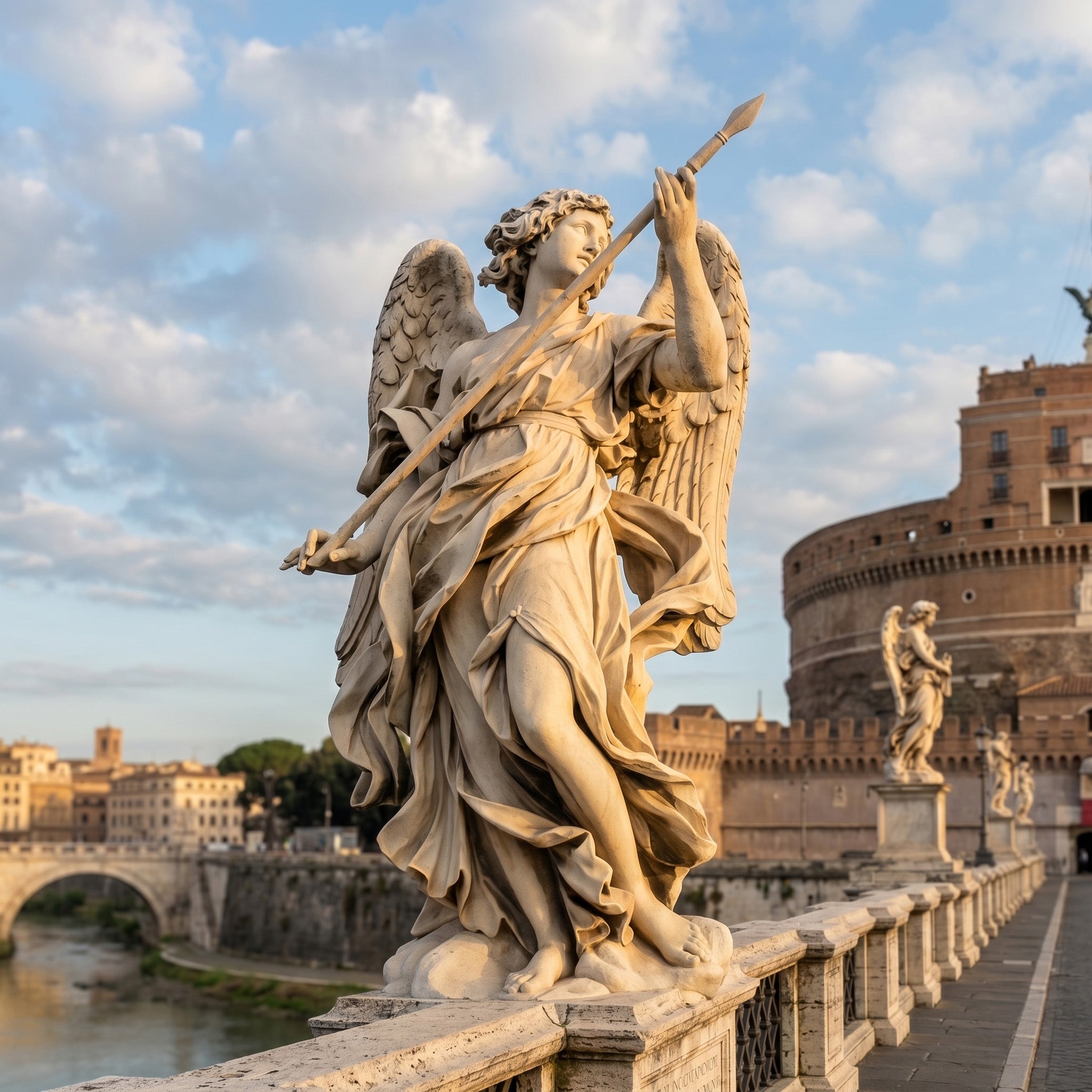 Ponte Sant Angelo V2 Angel Marble Outdoor Sculpture by Giant Sculptures, showing a winged angel in flowing drapery holding a lance, posed on the Sant'Angelo Bridge with Castel Sant'Angelo behind.