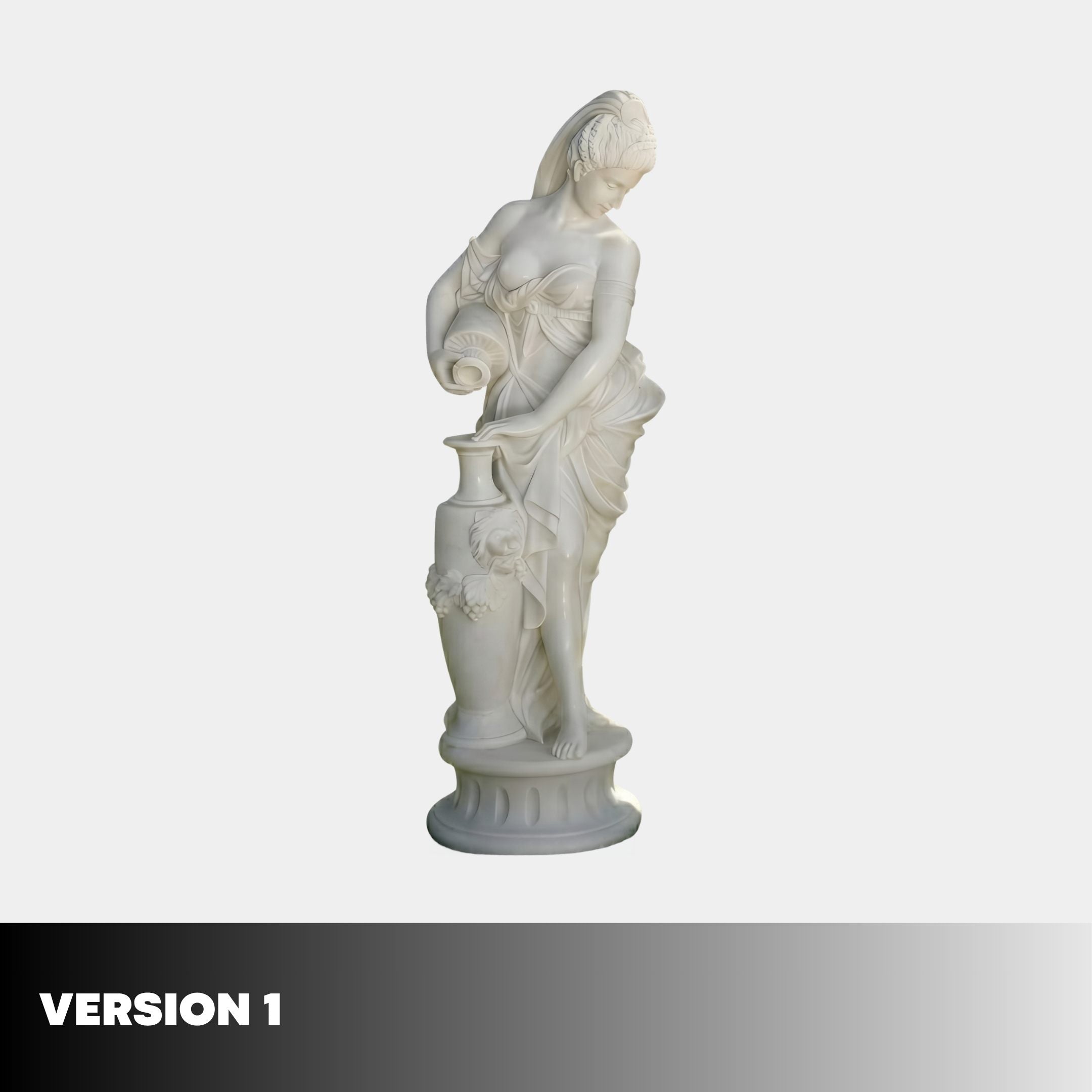 Water Nymph Marble Sculpture 180cm by Giant Sculptures shown in side view, depicting a draped female figure pouring water into an urn on a round base.