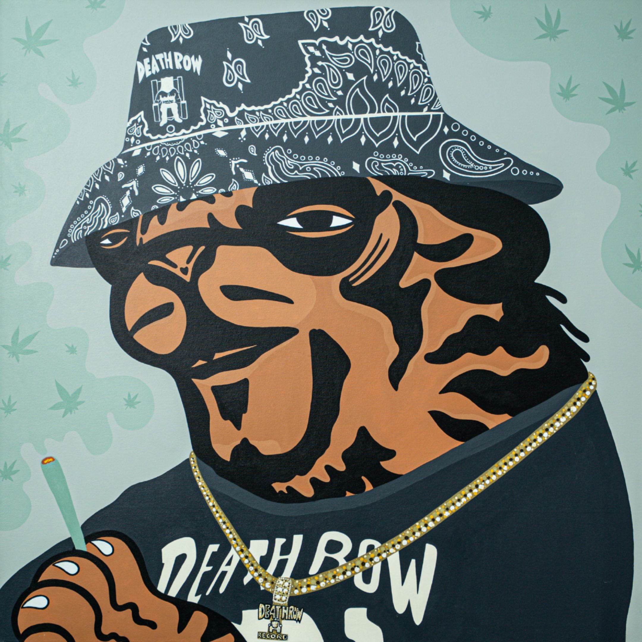 The Snoop Dogg Tiger Pop Art Canvas Painting by Giant Sculptures showcases a cartoon turtle in contemporary style, with sunglasses, a patterned black bandana, Death Row necklace and shirt, holding a lit item against a backdrop subtly marked with marijuana leaf motifs.