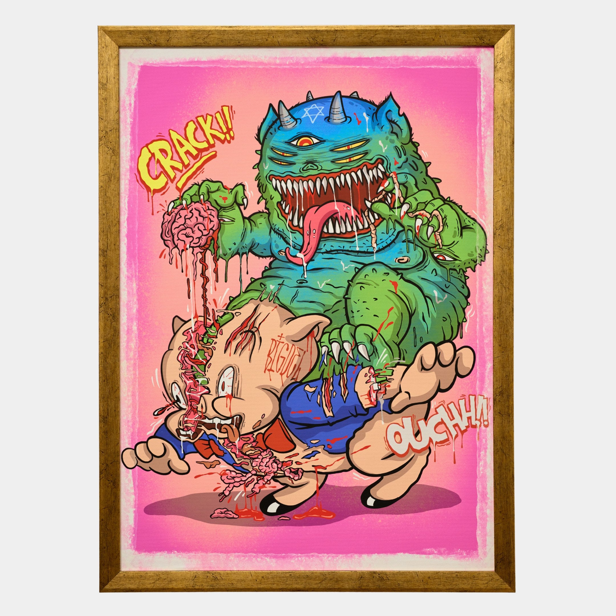 Add bold rebellion to your space with Ouchh!! Canvas Wall Art by Giant Sculptures, featuring a neon green monster crushing an animated animal amid pink hues, with cracked heads and nostalgic CRACK!! and OUCHHH!! in bold letters.