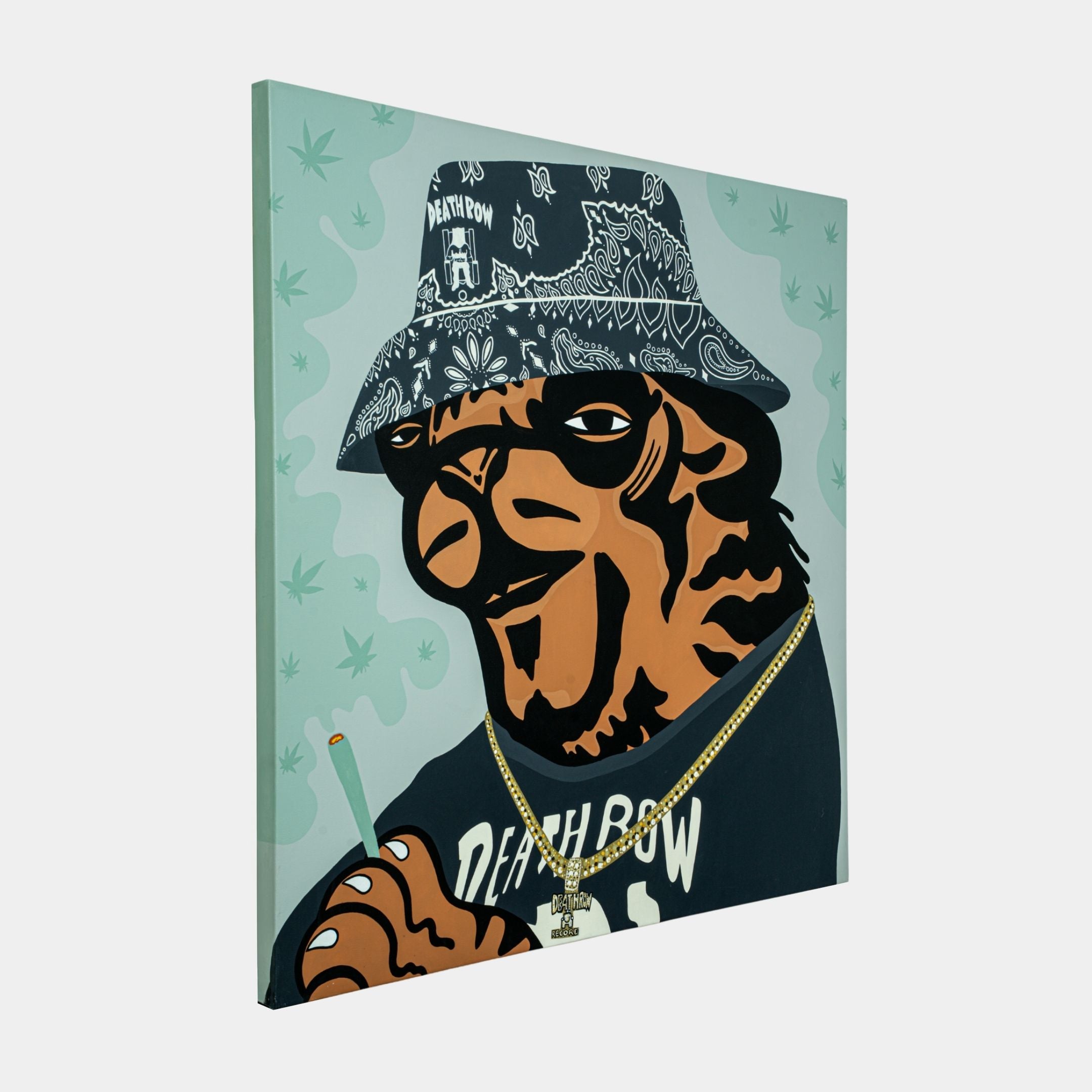 The Snoop Dogg Tiger Pop Art Canvas Painting by Giant Sculptures features a colorful tiger in a cannabis-themed bandana hat, sunglasses, chain necklaces, a Death Row shirt, and holding a joint against cannabis leaf patterns.