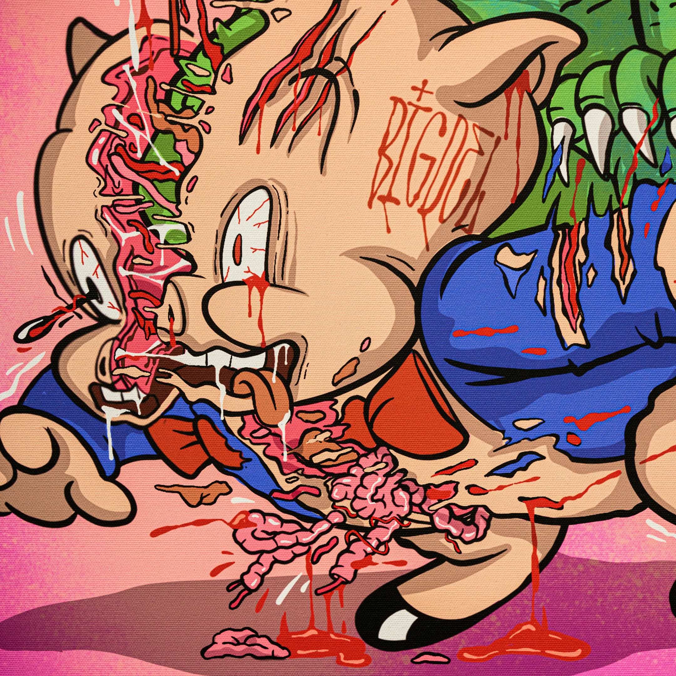 The Ouchh!! Canvas Wall Art by Giant Sculptures features a cartoon pig with neon flair, wide-eyed and distressed as a green creature’s claws violently slash its head, exposing brain and blood in a bold pop culture scene.