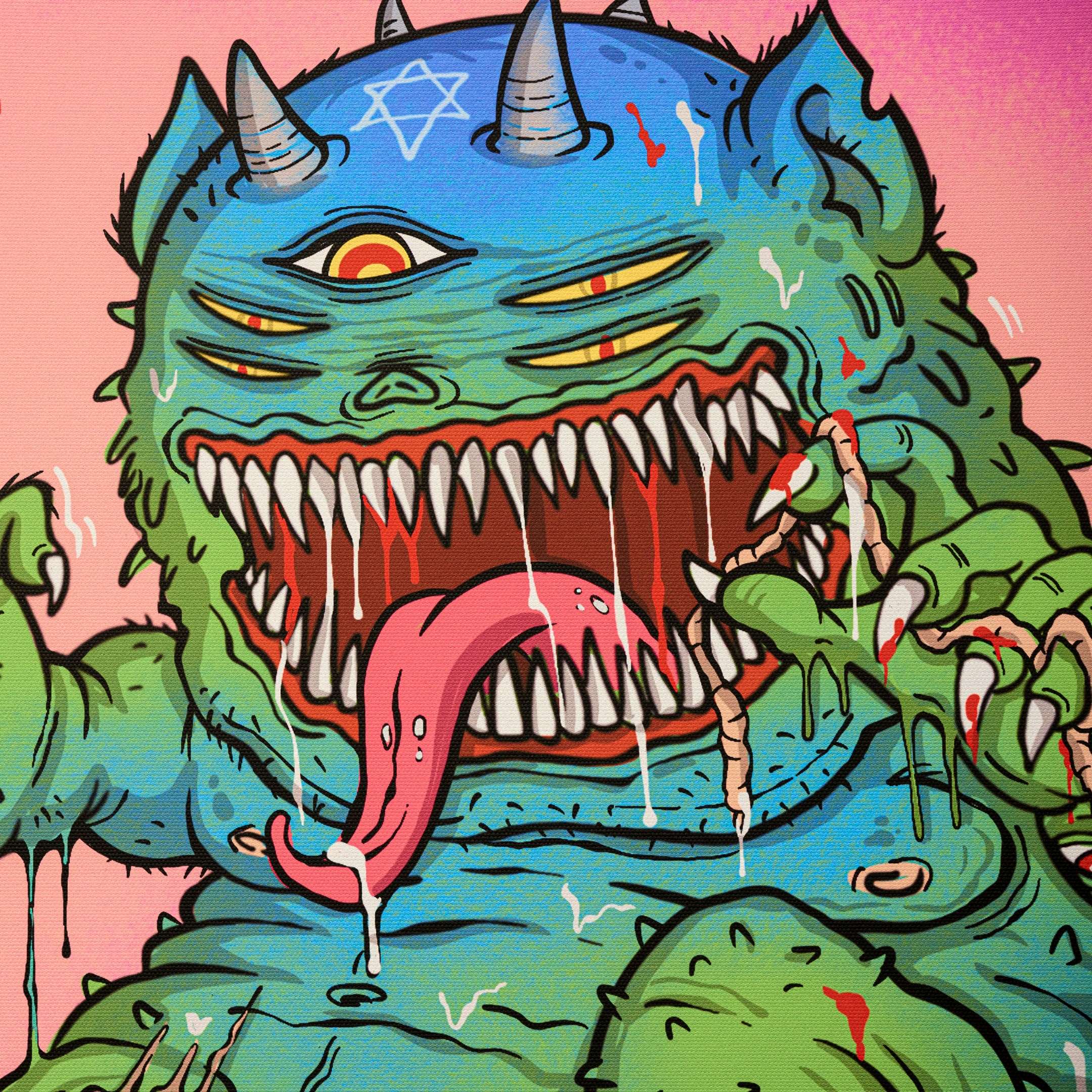Ouchh!! Canvas Wall Art by Giant Sculptures features a vibrant cartoon monster—blue-green skin, three eyes, horns, sharp teeth, pentagram forehead, and a slime-dripping tongue—set on a pink background of nostalgic rebellion.