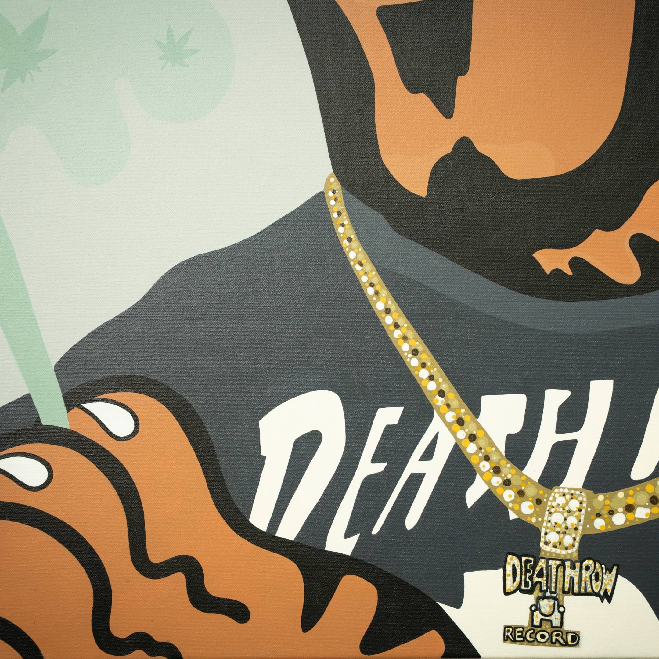 Illustration shows a person in streetwear with a DEATHROW RECORD pendant, drinking through a straw. Their dark shirt hints at the word DEATH. The pale green background with subtle patterns reflects the Snoop Dogg Tiger Pop Art Canvas Painting by Giant Sculptures.