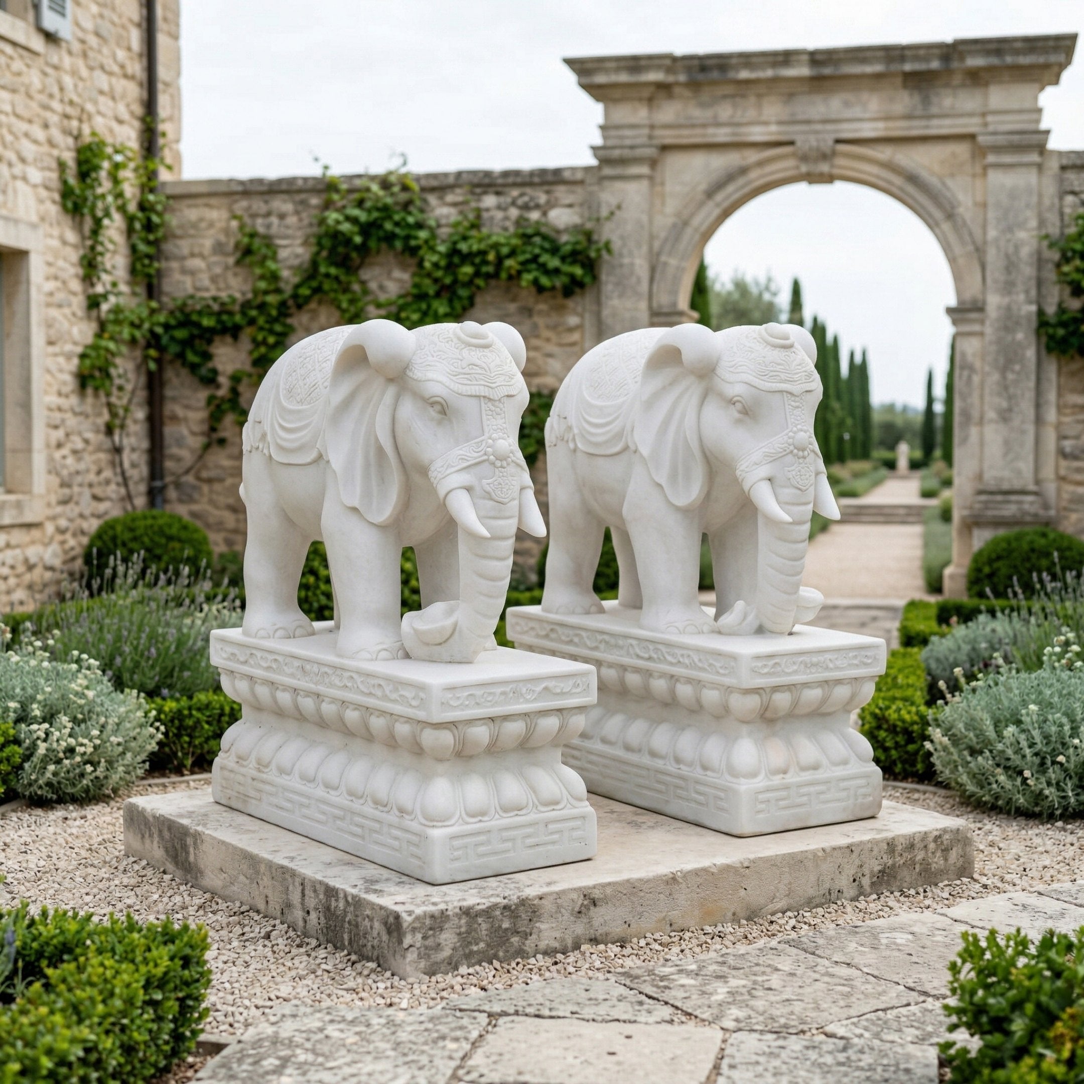 Two Giant Sculptures Indian Elephant Marble Outdoor Sculptures (120cm) stand side by side on pedestals in a formal garden, surrounded by trimmed bushes with a stone building and arched entrance in the background.