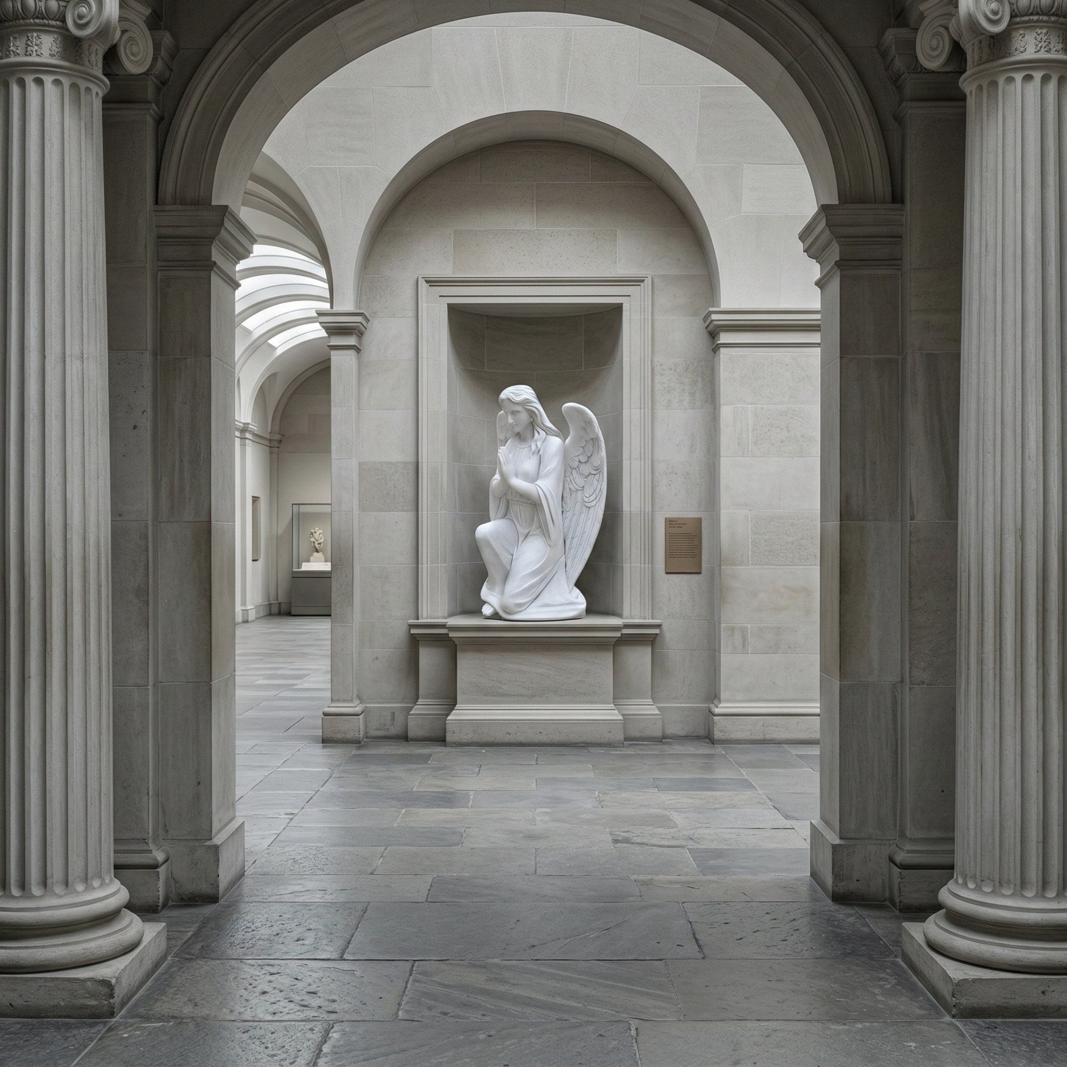 The Humble Kneeling Angel Marble Outdoor Sculpture (130cm) by Giant Sculptures bows its head in an arched stone alcove, framed by classical columns in a spacious, light-filled hall.