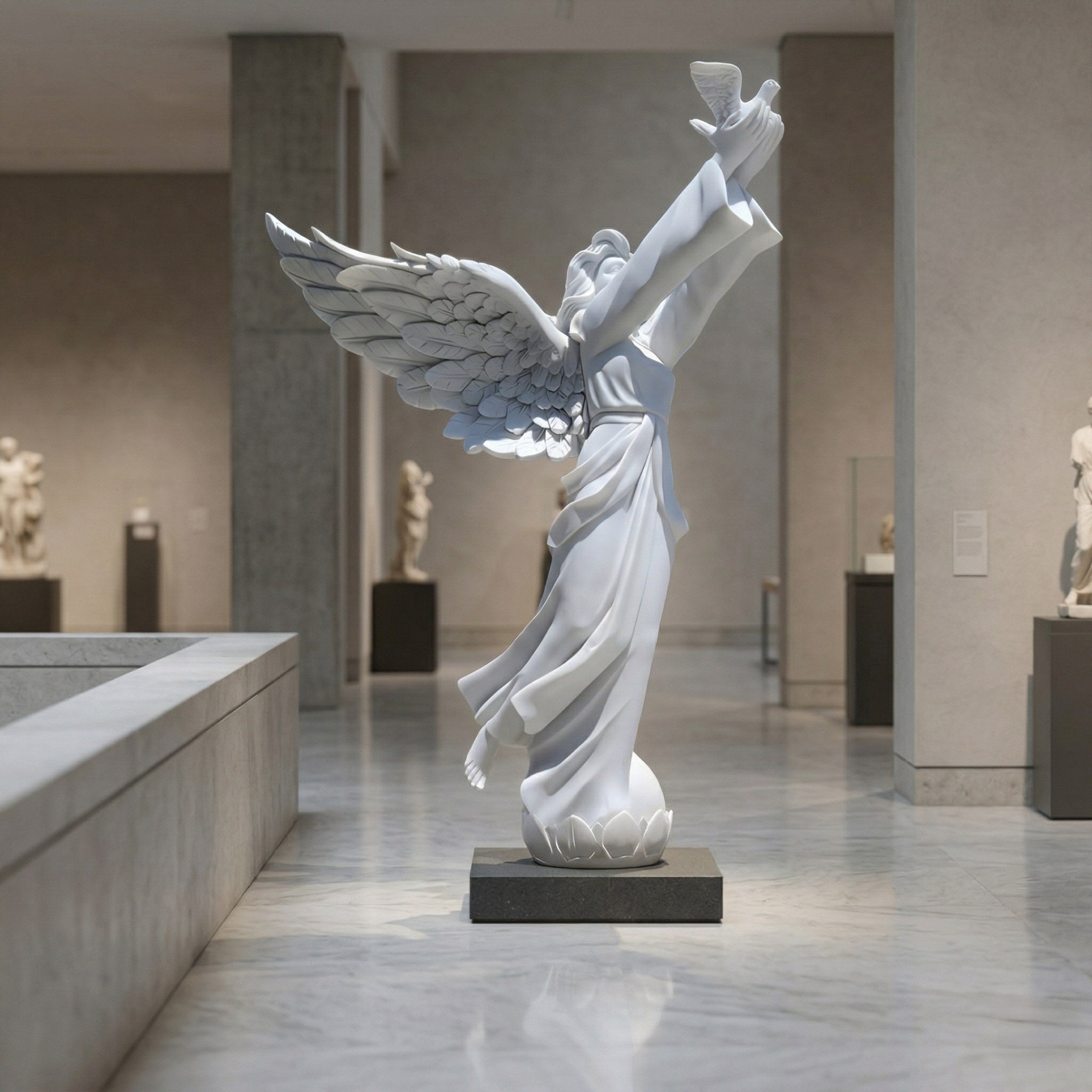 The Dove Release Peace Angel Marble Outdoor Sculpture - 280cm by Giant Sculptures, featuring a white marble angel with outstretched wings holding a dove aloft, is displayed on a pedestal among other exhibits in a spacious, modern gallery.