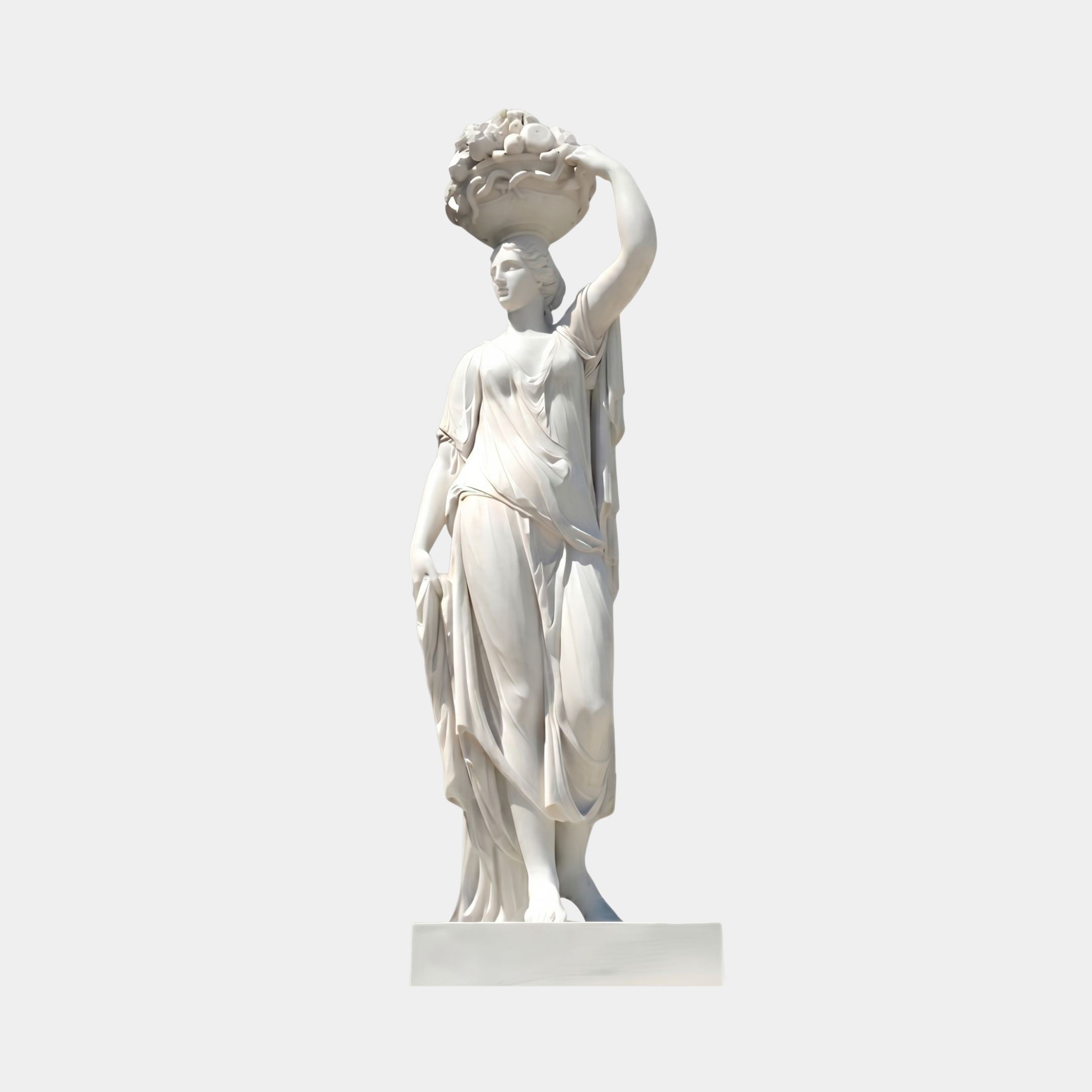 Woman Carrying Fruit Basket Marble Sculpture 180cm by Giant Sculptures, draped figure balancing an overflowing fruit basket on her head, on a plain background.