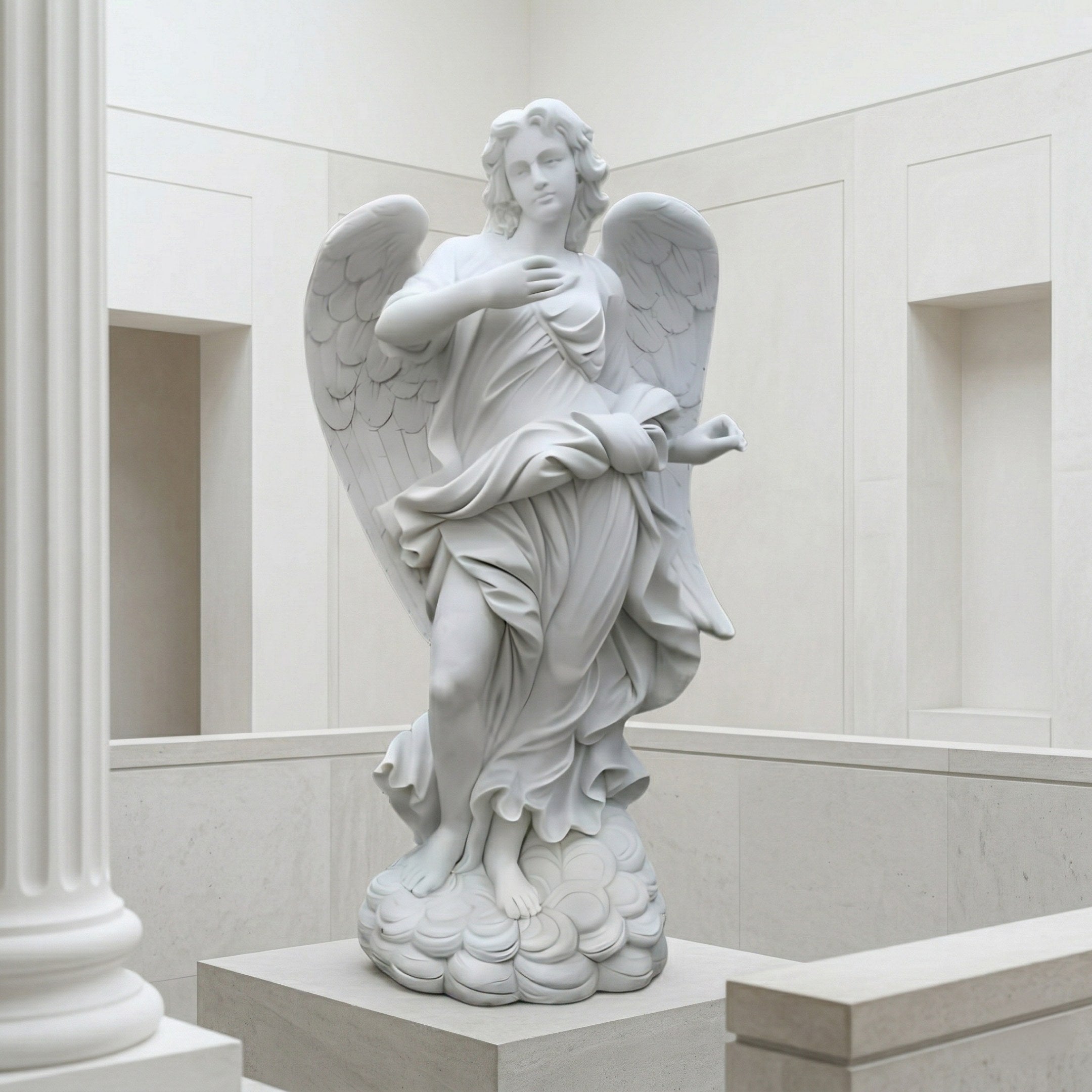 The Cloud-Swirl Angel Marble Outdoor Sculpture - 190cm by Giant Sculptures features a graceful angel with large wings and flowing robes, standing on a cloud-like base—ideal as an elegant garden memorial or marble outdoor décor piece.