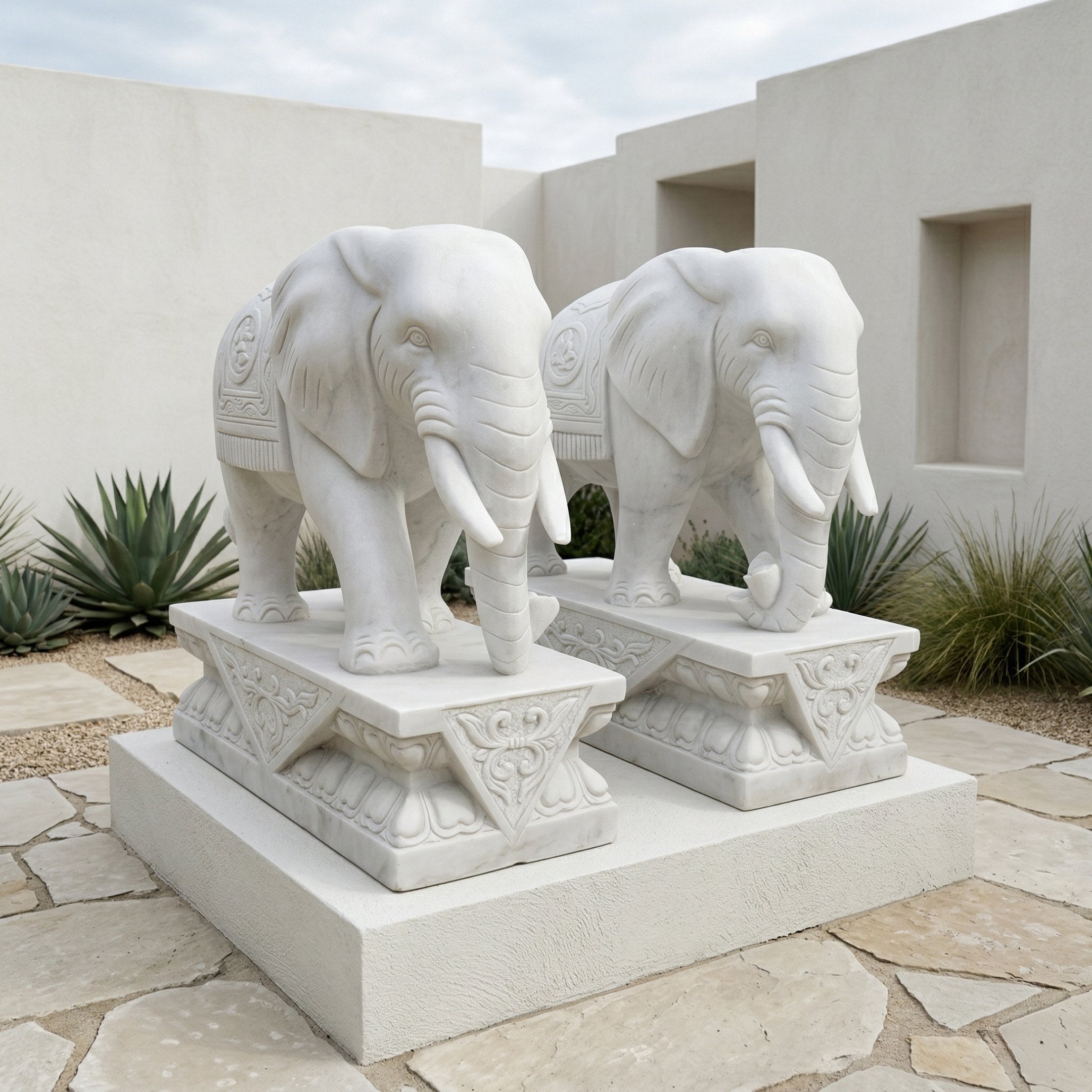 Two Lucky Chinese Elephant II Marble Outdoor Sculptures by Giant Sculptures, each 180cm tall, stand side by side on decorative pedestals amid geometric stone tiles and desert plants beside a modern white building.