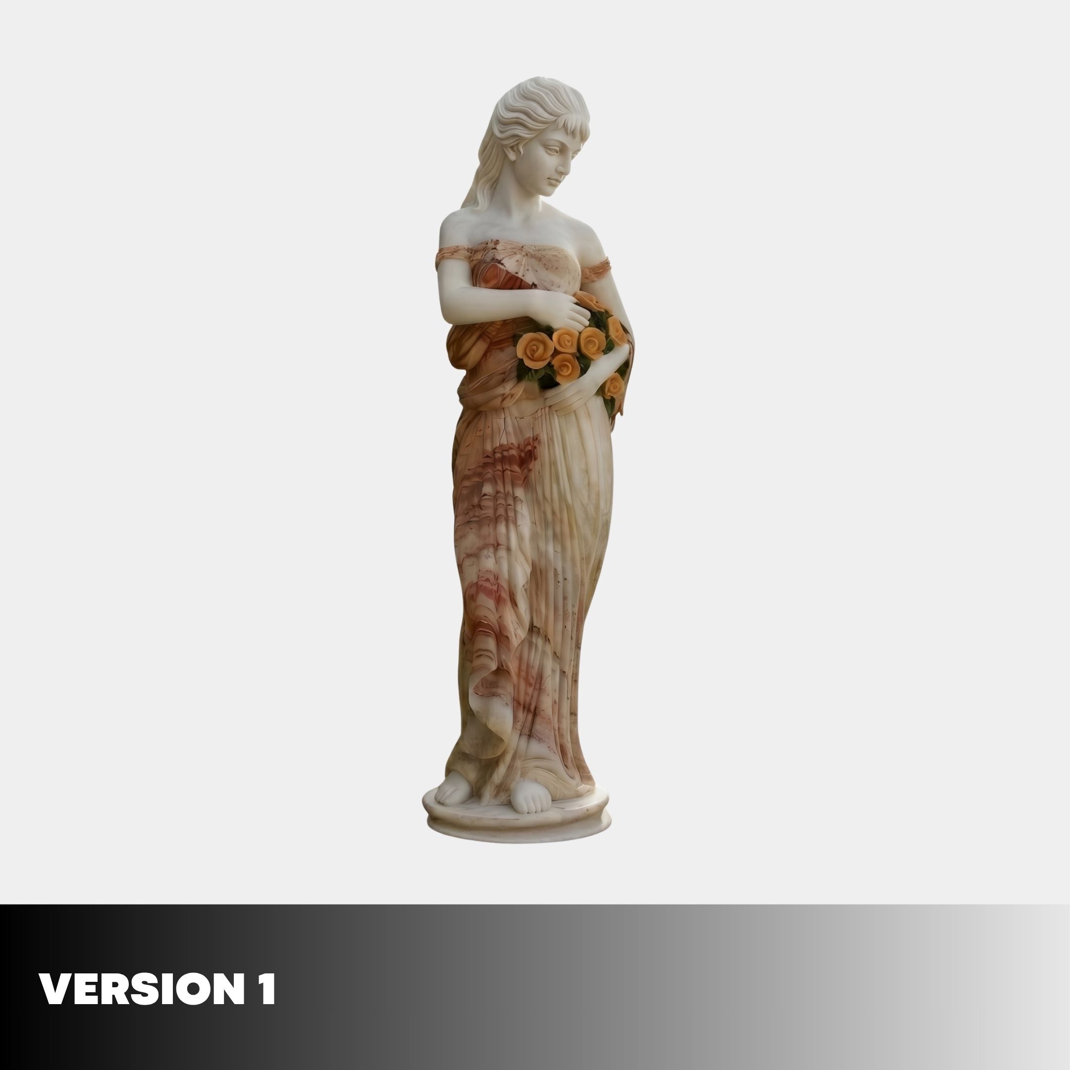 Caryatid Column Marble Sculpture 160cm by Giant Sculptures, a female figure in flowing cream and rust-toned robes holding orange roses, shown on a plain background.