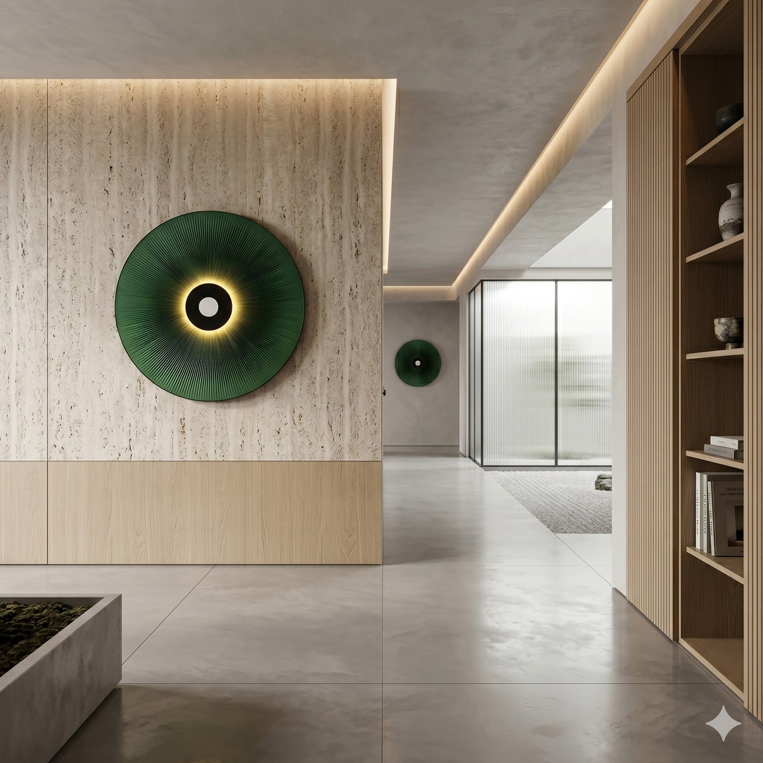Vanguard Jade Surge Leather 3D LED Wall Art mounted on a travertine wall in a modern hallway with oak cabinetry, concrete floor, and a smaller matching piece beyond.