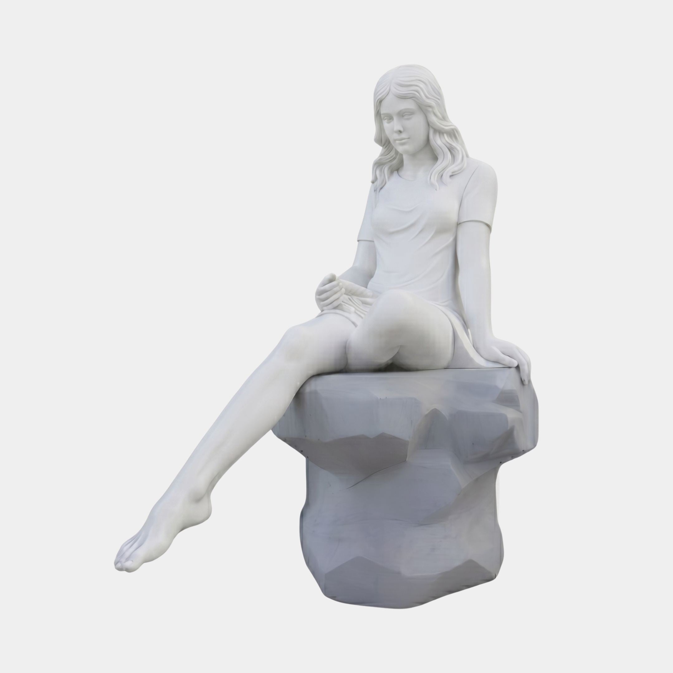 Seated Woman Marble Sculpture 130cm by Giant Sculptures, a white marble figure in a t-shirt resting on a rocky base with one leg extended, on plain background.