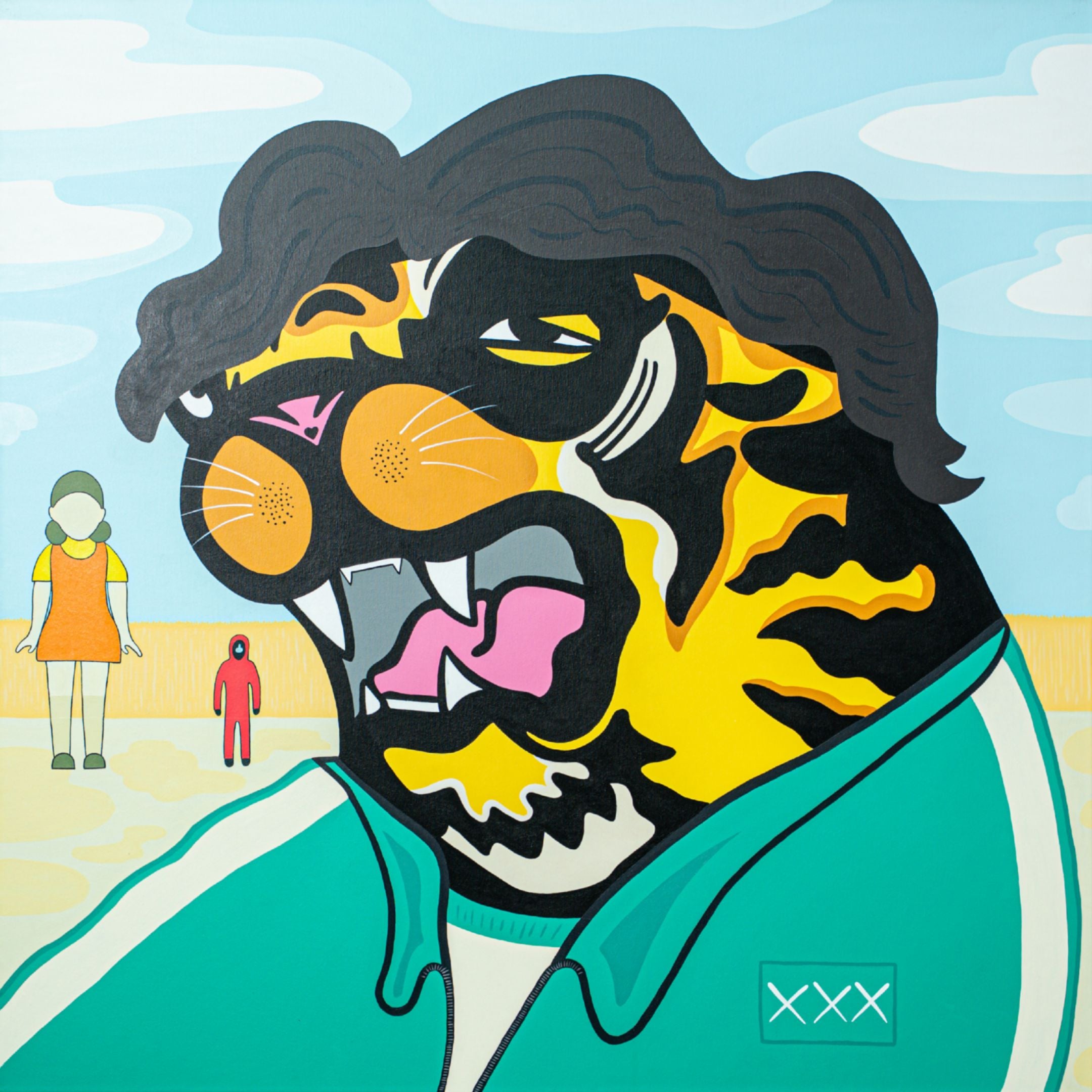 The Squid Game Tiger Pop Art Canvas Painting by Giant Sculptures showcases a tiger with a human-like hairstyle in a turquoise top. An orange-dressed figure stands beside a smaller red one against a light blue sky, echoing Squid Games surreal vibe.