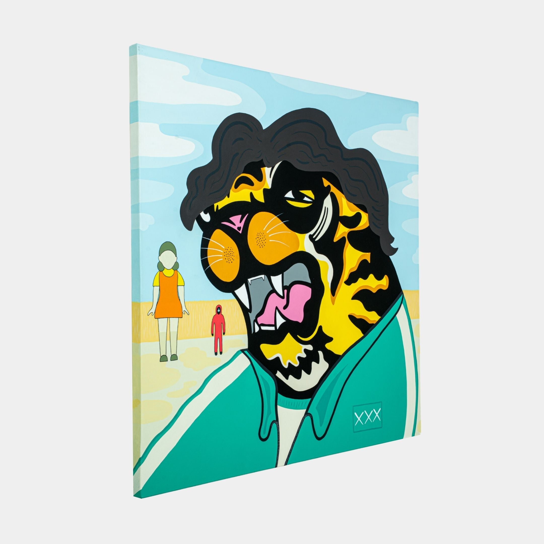 The Giant Sculptures Squid Game Tiger Pop Art Canvas Painting showcases a vibrant tiger with black hair, a teal jacket, and orange glasses against a stylized sky. Two abstract figures in bright clothes nod to Squid Game aesthetics.