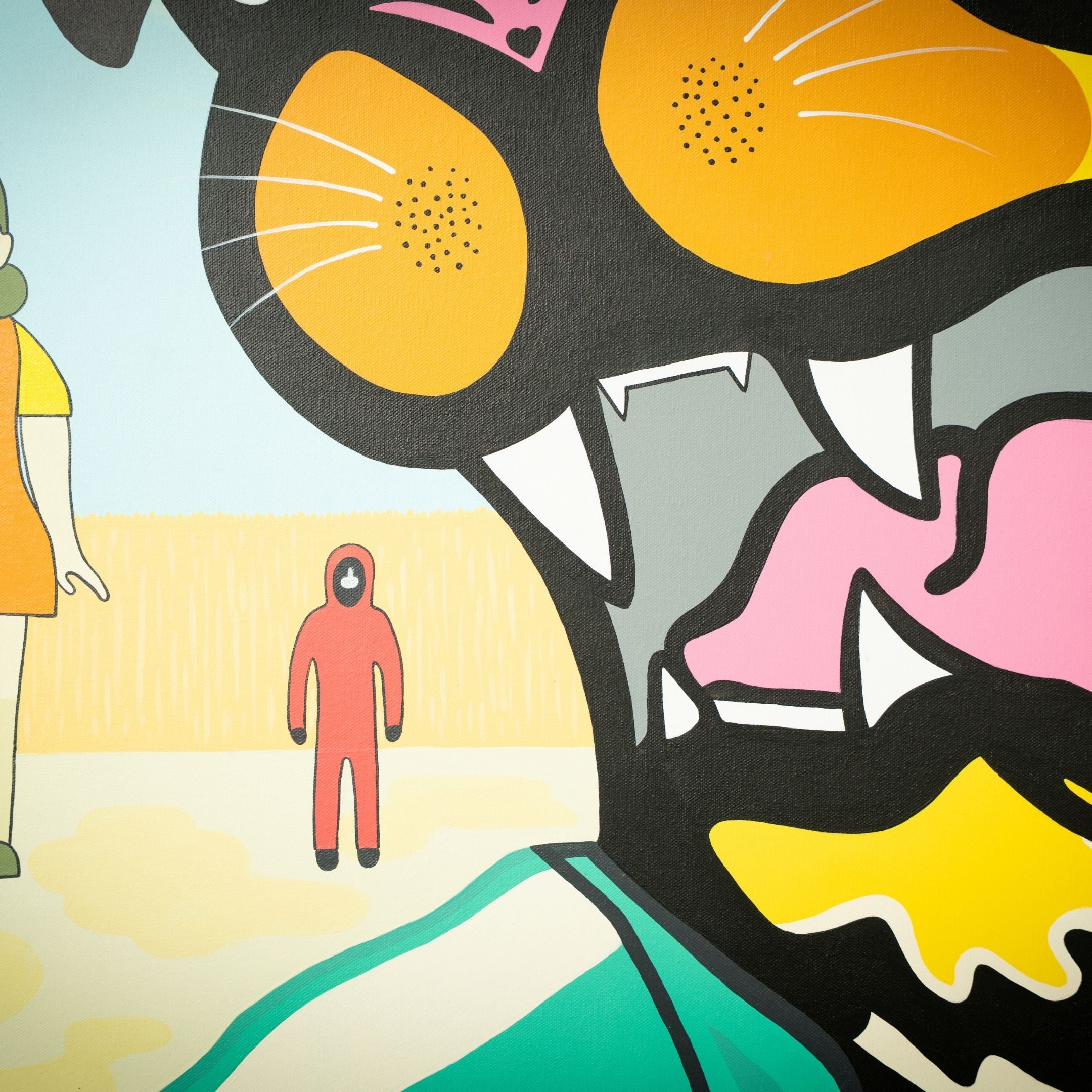 A vibrant mural, reminiscent of the Squid Game Tiger Pop Art Canvas Painting by Giant Sculptures, showcases a stylized black cat with striking orange eyes. In front, a person in an orange dress and another in a red hooded outfit evoke a unique Squid Game theme.