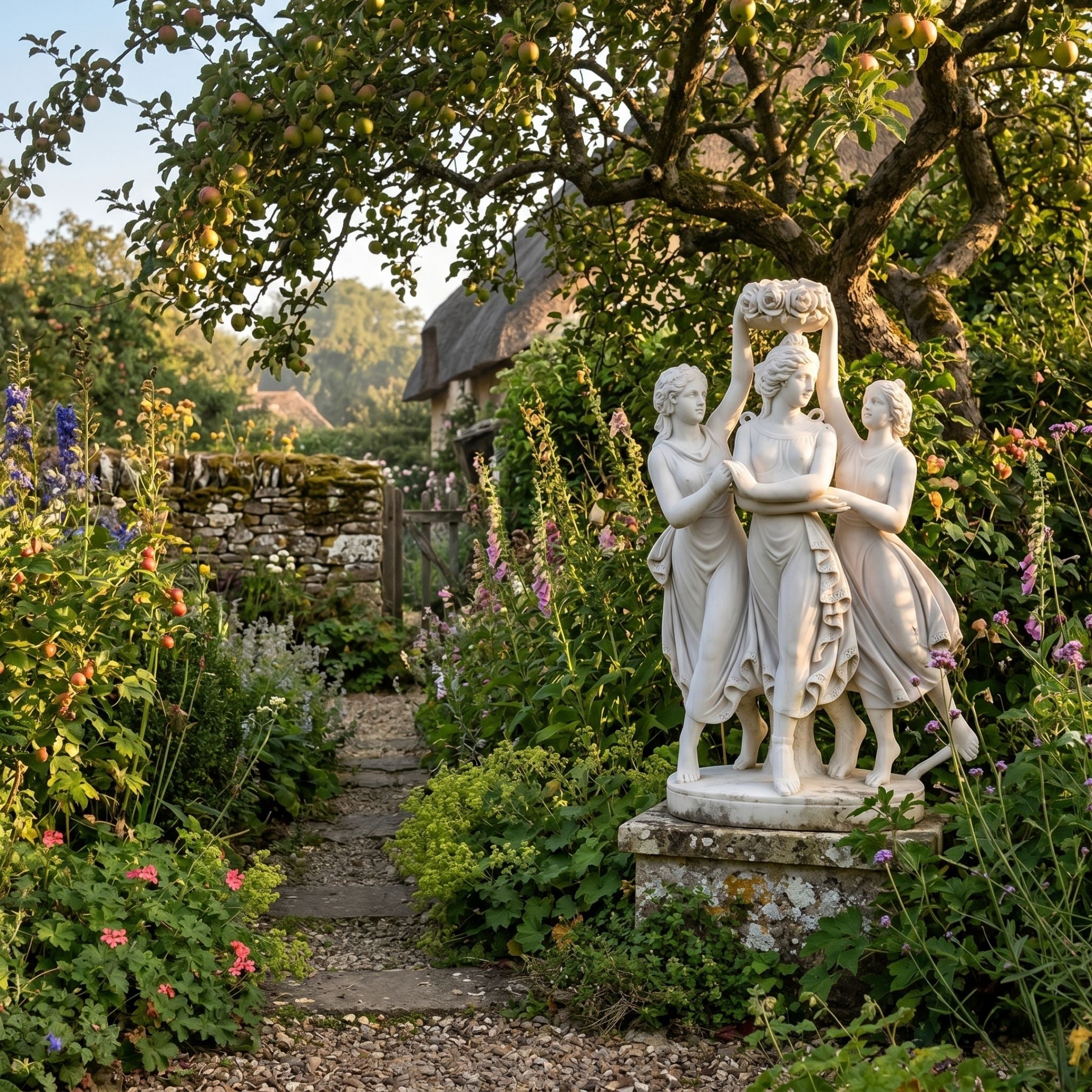 Giant Sculptures' Three Dancing Women with Floral Wreath Marble Sculpture on a weathered stone plinth in a cottage garden with apple tree and foxgloves.