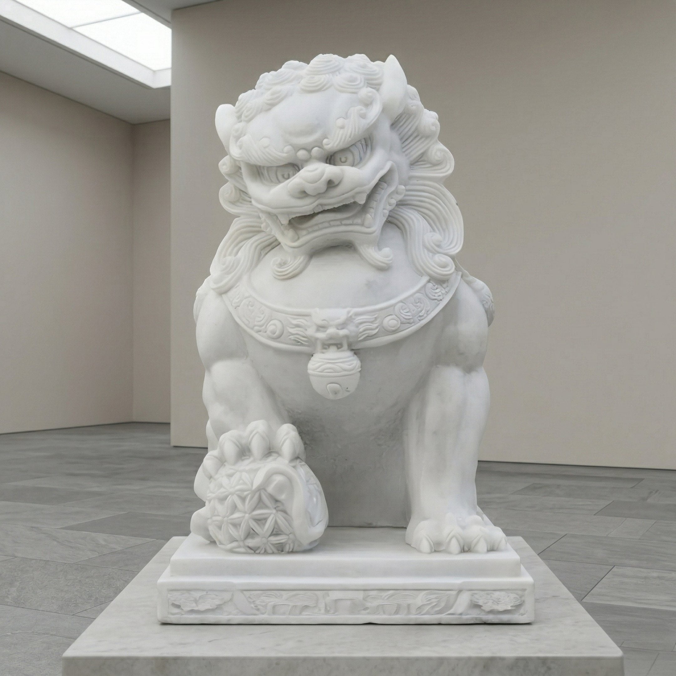 The Chinese Guardian Lion Marble Outdoor Sculpture - 150cm by Giant Sculptures features intricate details and a white marble finish. Displayed in a modern gallery, the lion sits on a pedestal with one paw resting on a decorated sphere.