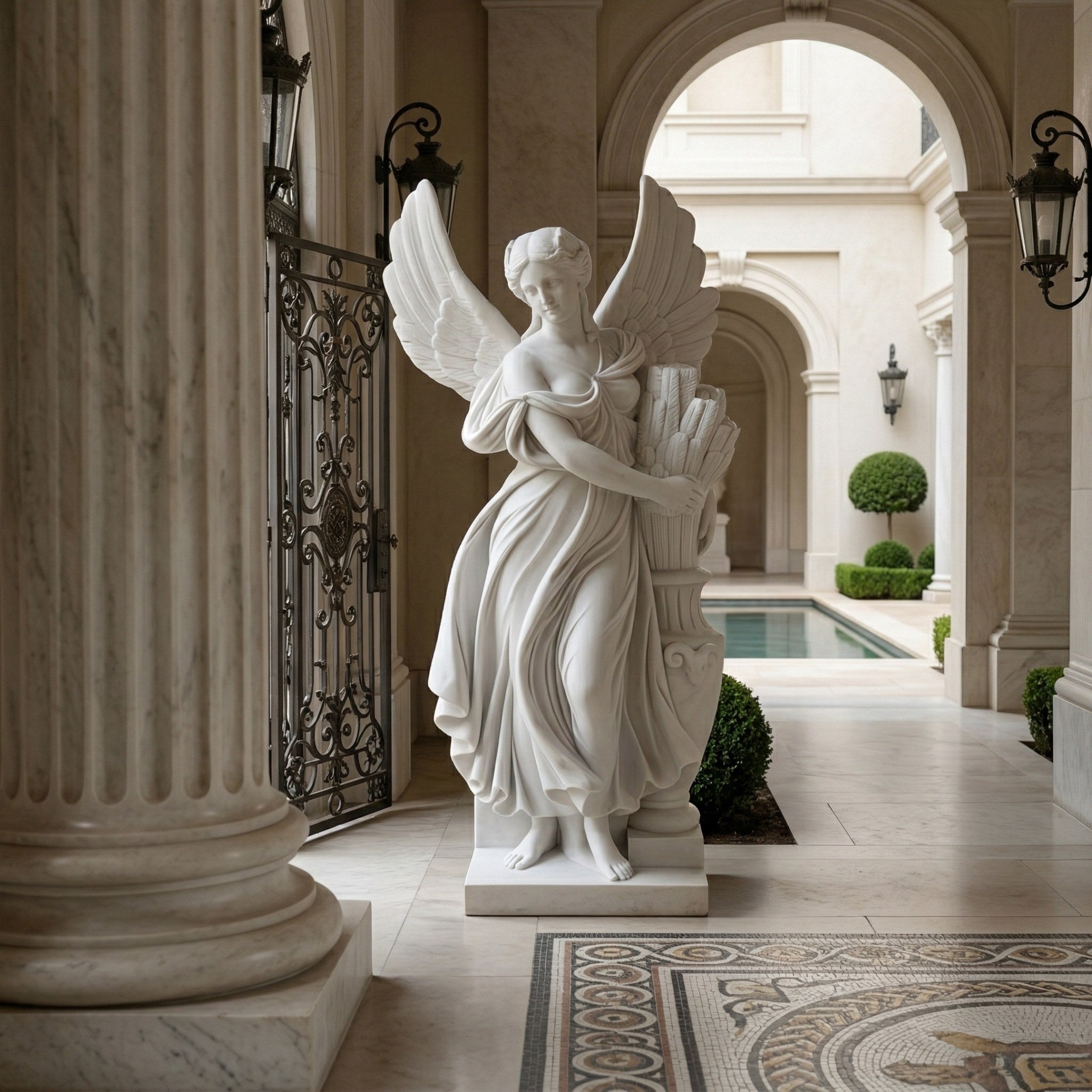 The Harvest Bounty Angel Marble Outdoor Sculpture (200cm) by Giant Sculptures depicts a winged woman with scrolls, perfect for courtyards with columns, arches, mosaic floors, and reflective pools—an exquisite marble garden accent.