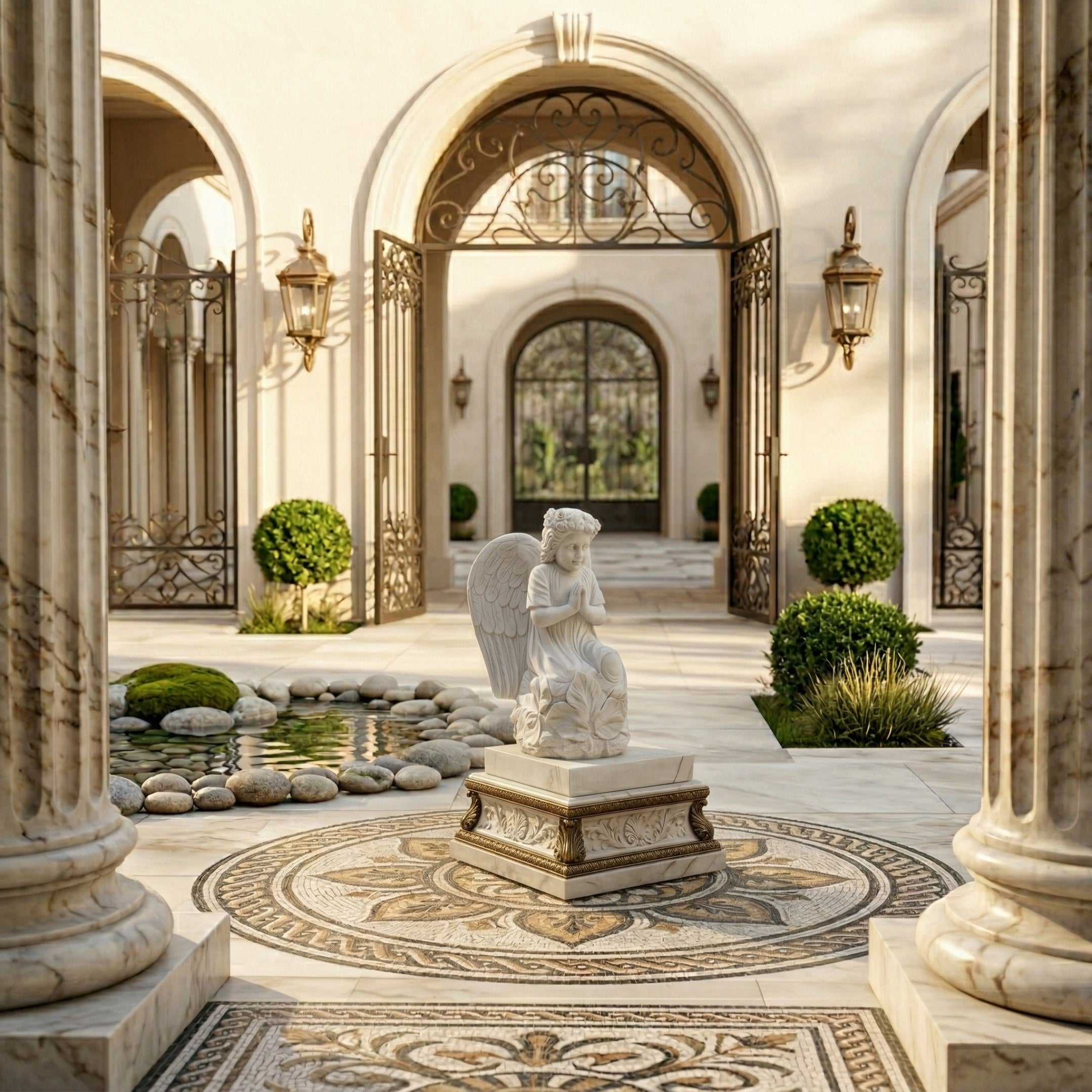 The Blossom Crown Cherub Marble Outdoor Sculpture (100cm) by Giant Sculptures stands on a mosaic pedestal in a sunlit courtyard with arches, ornate columns, trimmed bushes, a pond, and elegant lanterns.