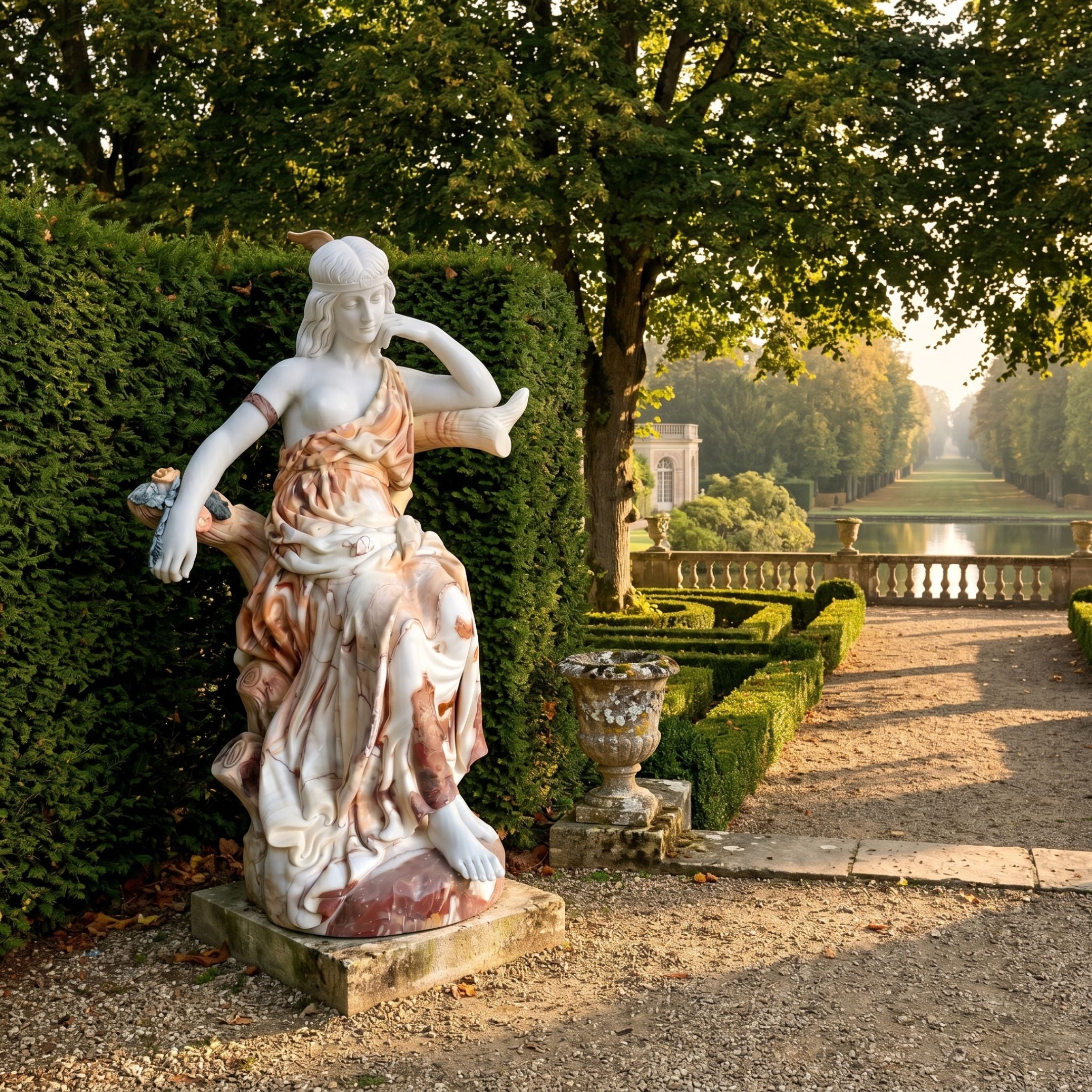 Seated Classical Woman Marble Sculpture 130cm by Giant Sculptures in white and warm brown marble, displayed on a stone plinth in a formal garden beside a hedge.