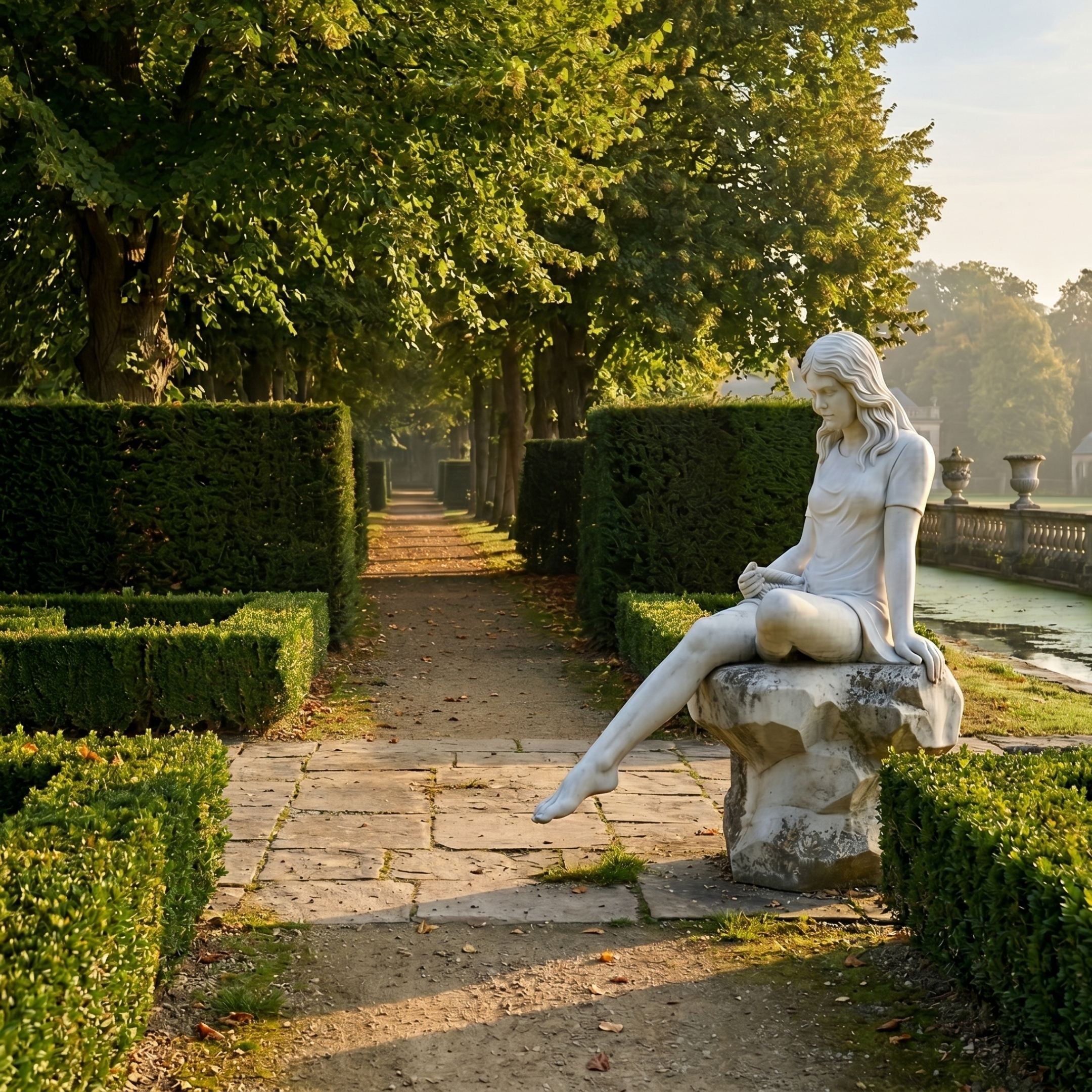 Seated Woman Marble Sculpture 130cm by Giant Sculptures resting on a stone block beside a hedged garden path, with trees and a still pond nearby.