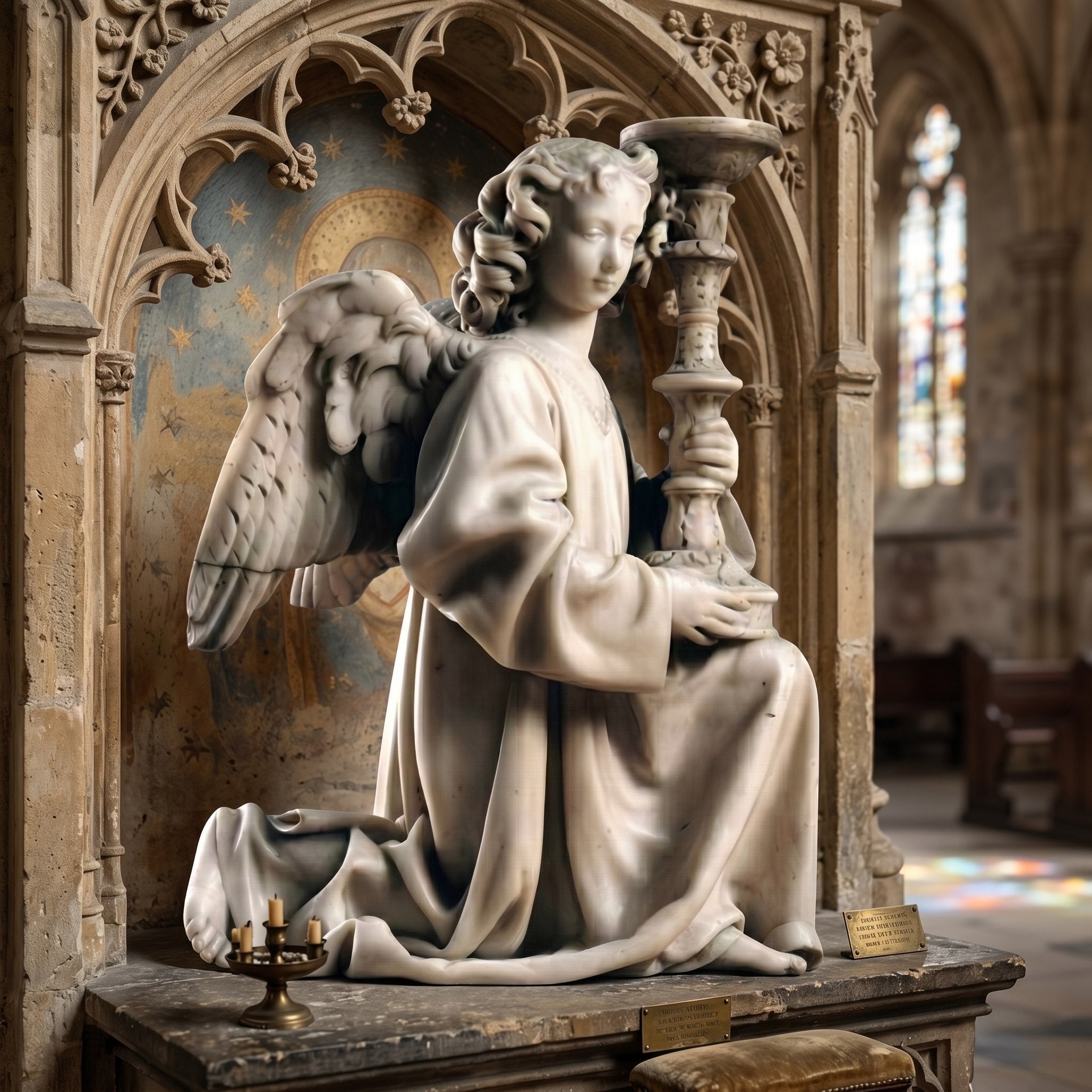 Michelangelo Angel Marble Sculpture by Giant Sculptures, 80cm kneeling angel in white marble holding a candlestick, with detailed wings and flowing robes.