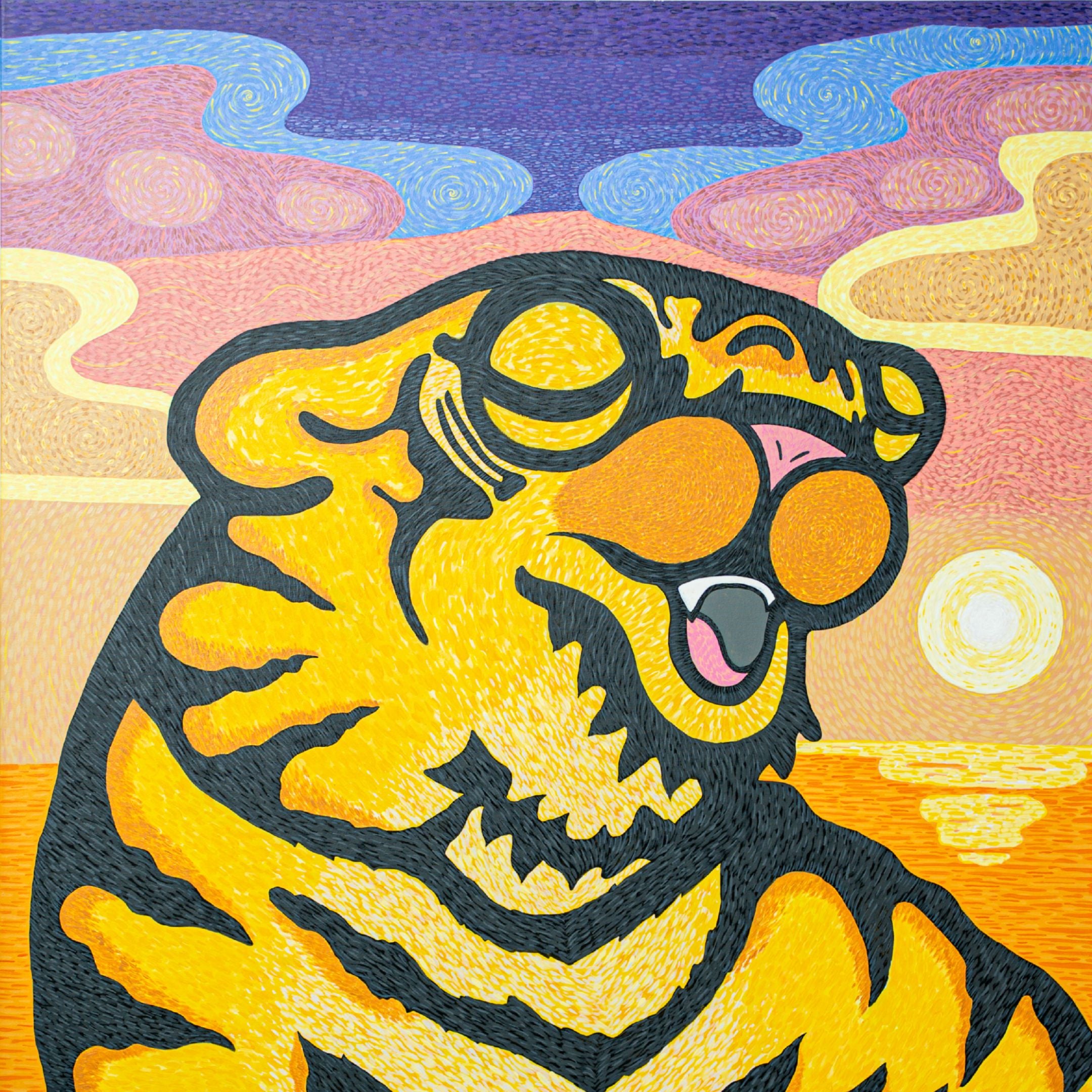 The Van Gogh Tiger Pop Art Canvas Painting by Giant Sculptures showcases a colorful abstract tiger with exaggerated features against a vibrant sunset with swirling clouds and a glowing sun over wavy seas, echoing Van Goghs dynamic energy.