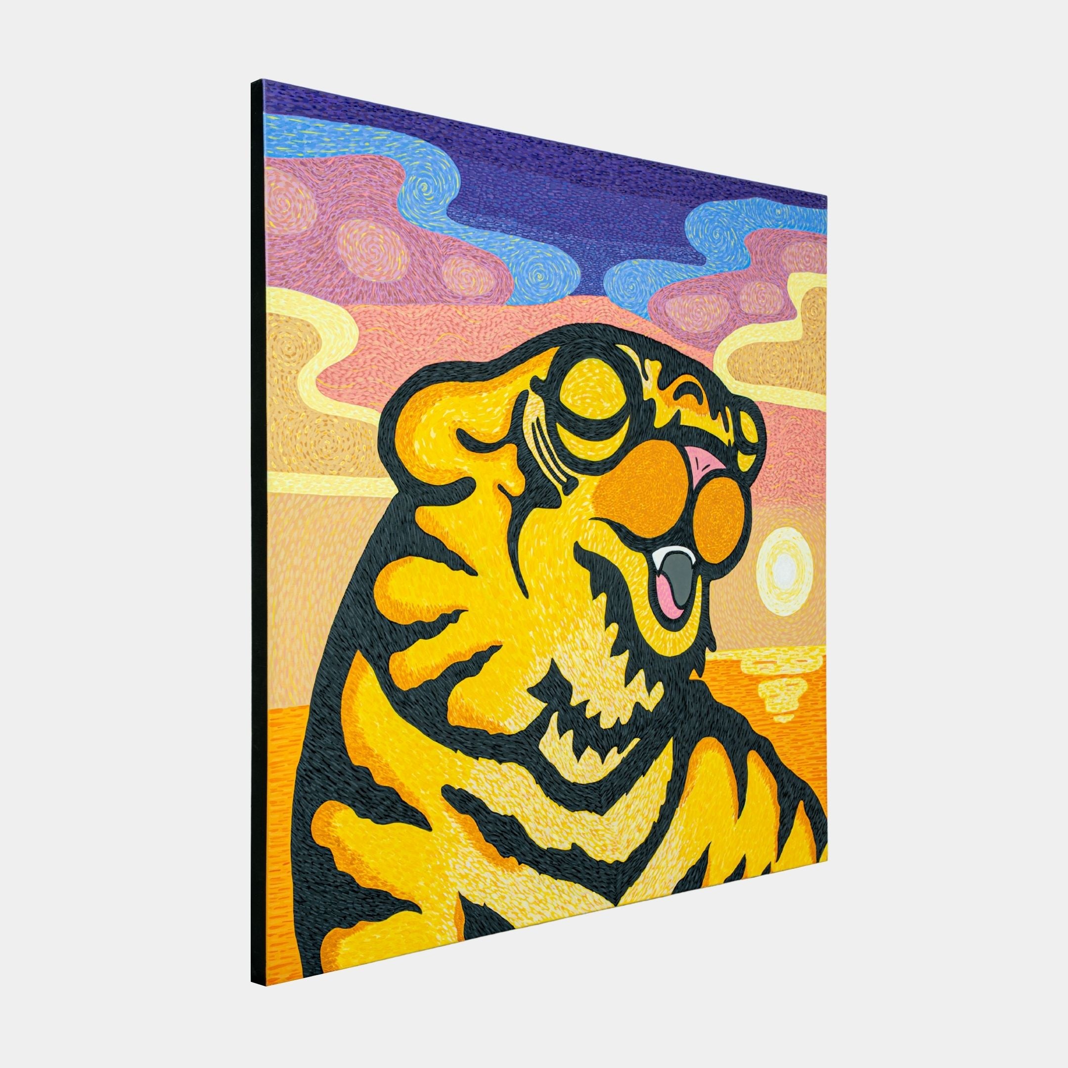 The Van Gogh Tiger Pop Art Canvas Painting by Giant Sculptures features a vibrant tiger in sunglasses against a sunset with swirling colors, crafted with acrylics on premium canvas, exuding playful and cheerful vibes.