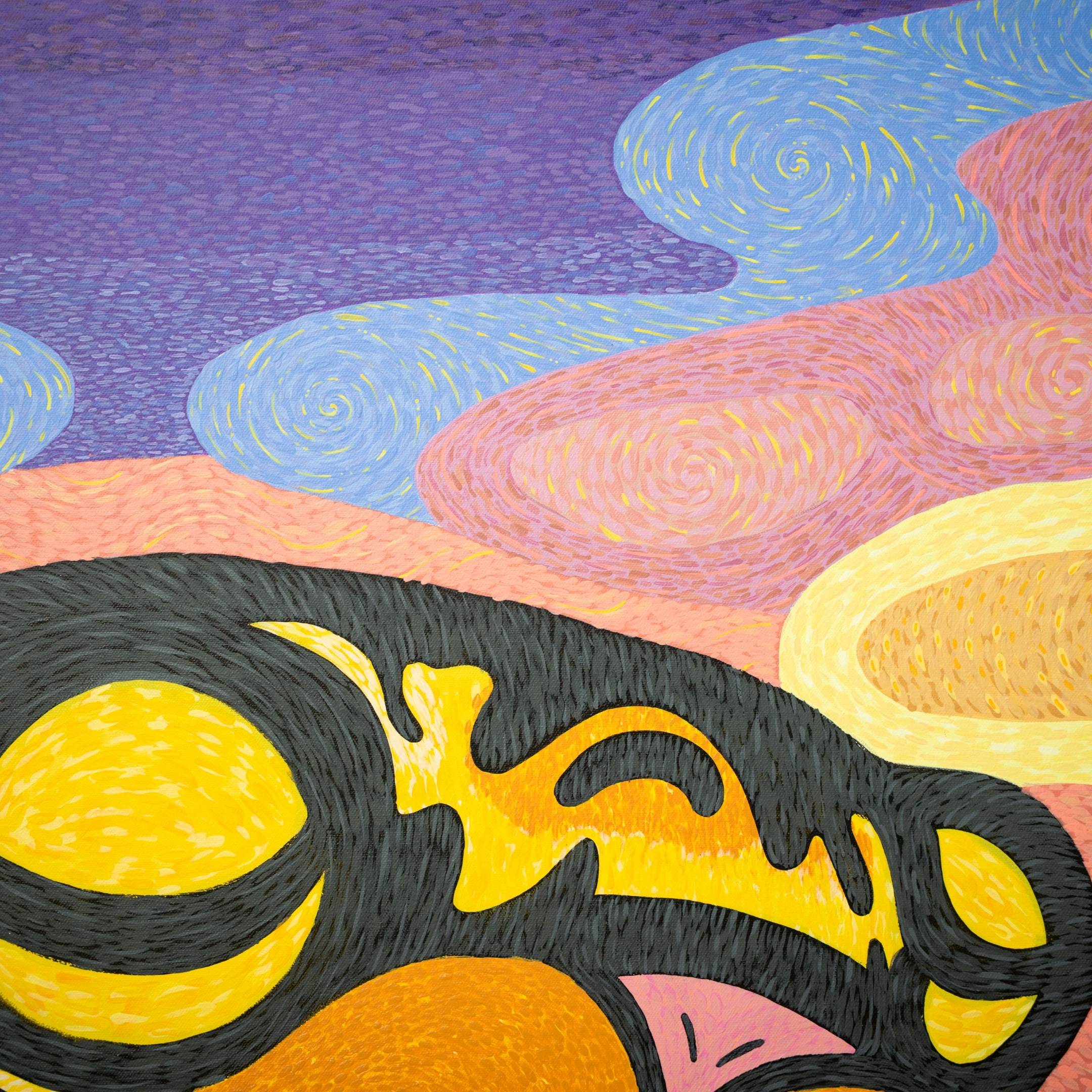 The Van Gogh Tiger Pop Art Canvas Painting by Giant Sculptures features a captivating Pop Art flair with swirling purple and pink patterns in the sky. A yellow and black figure appears in deep thought, accented by a small orange circle on the right, forming an acrylic masterpiece on premium canvas.