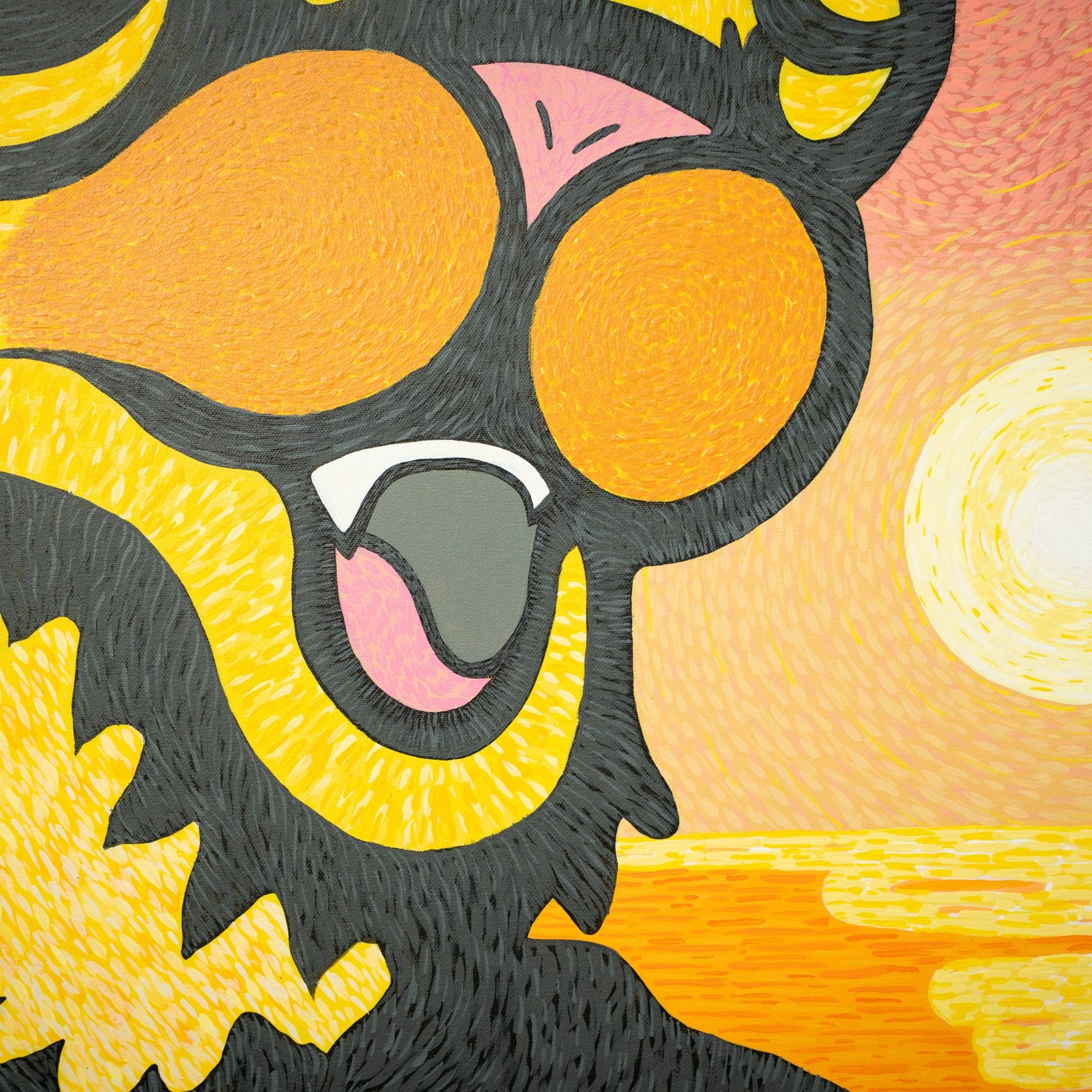 The Van Gogh Tiger Pop Art Canvas Painting by Giant Sculptures features a bear in sunglasses with bright orange and yellow hues, set against a sunset over the ocean. The playful bear is outlined in dark gray and crafted using premium acrylics on high-quality canvas.