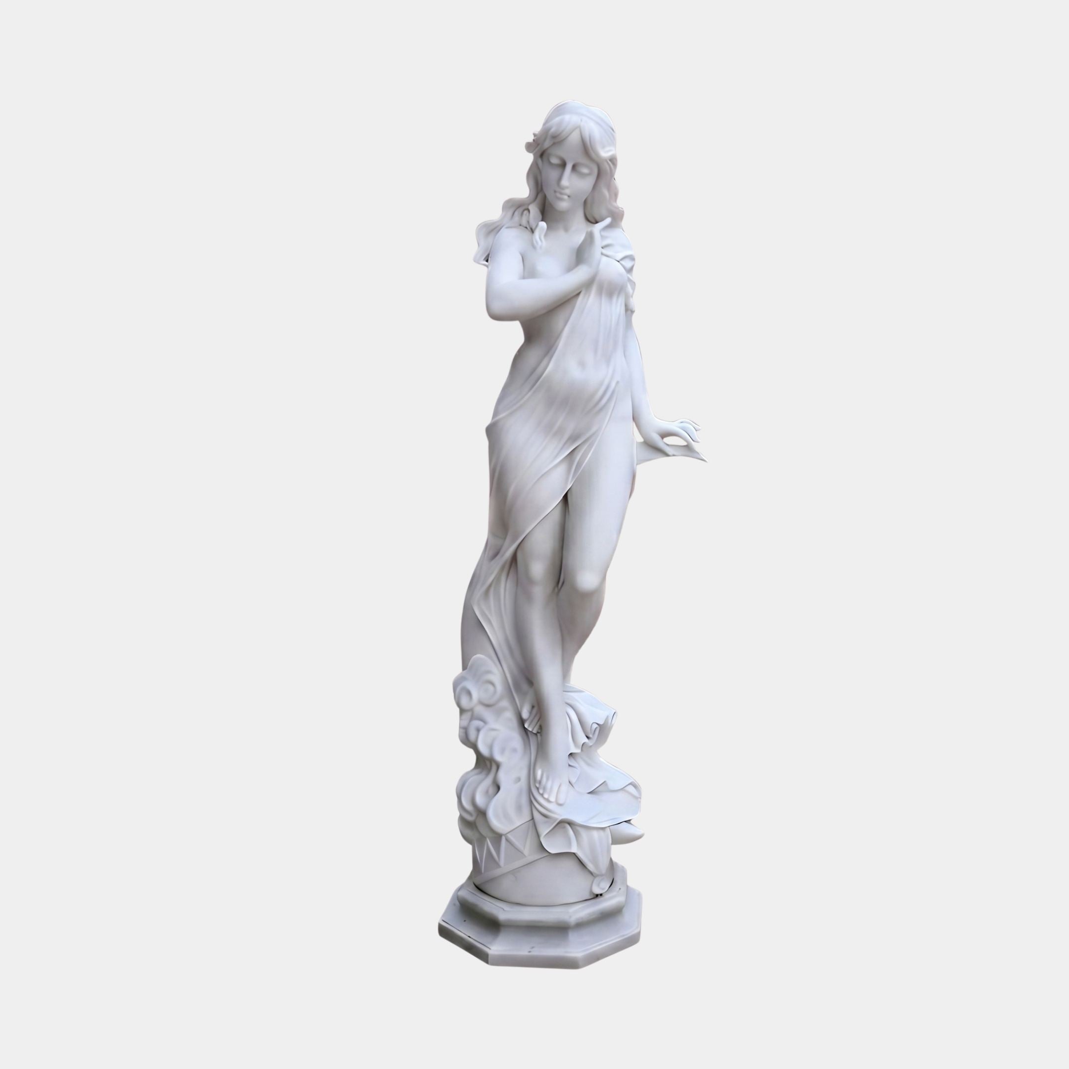 Standing Maiden Marble Sculpture 160cm by Giant Sculptures, draped white marble figure with flowing robes on an octagonal base against a plain grey background.