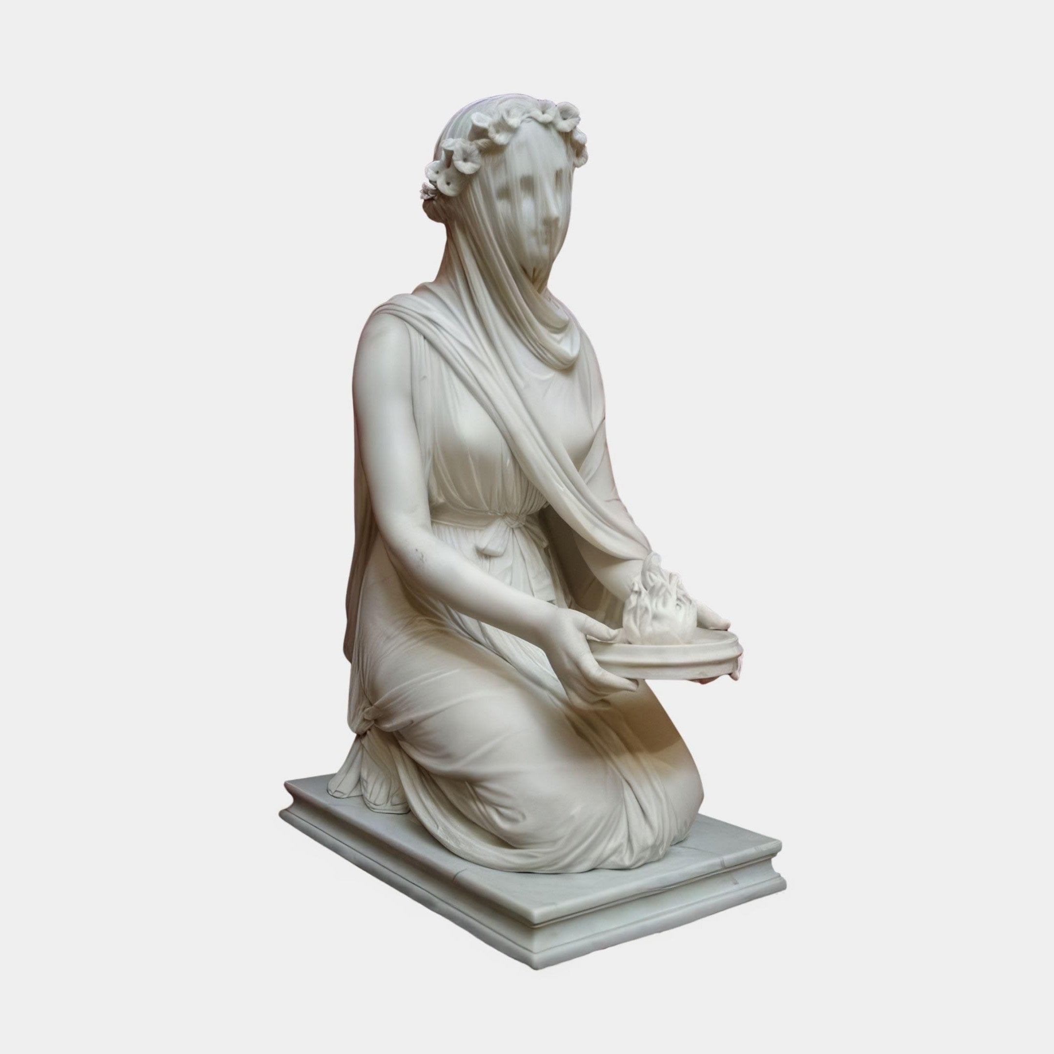 The Veiled Lady Marble Sculpture - 130cm by Giant Sculptures features a kneeling woman draped in a veiled garment, crowned with flowers and holding a boat model, all set on a rectangular base.