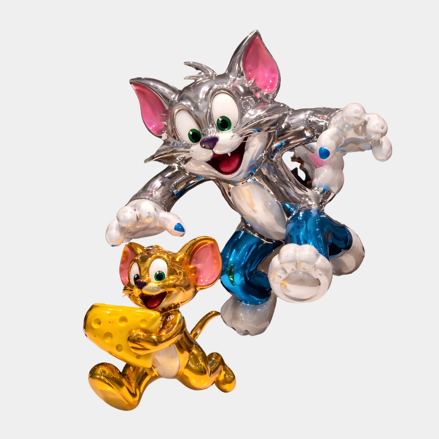 The Tom and Jerry Classic Scene Sculpture - 120cm by Giant Sculptures features a vibrant, metallic fiberglass depiction of Tom leaping toward Jerry with cheese, capturing lively pop culture art in a playful display.