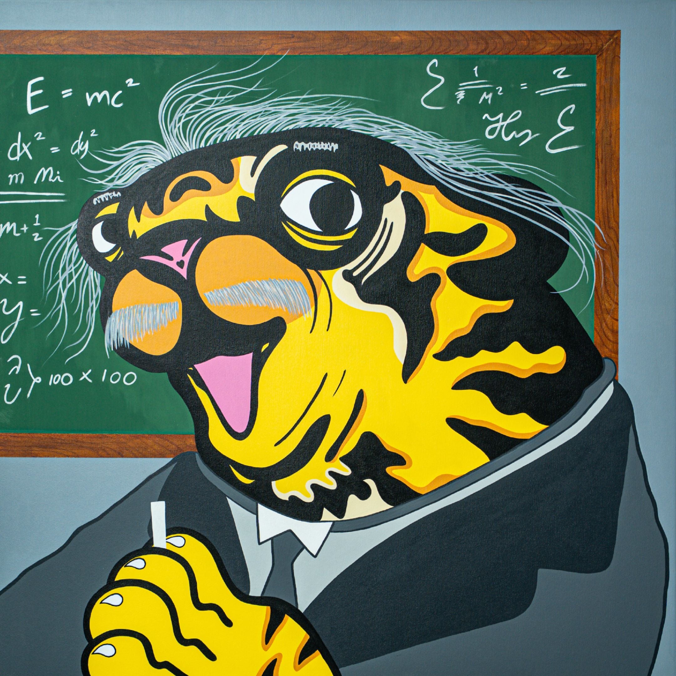 The Einstein Tiger Pop Art Canvas Painting by Giant Sculptures showcases a cartoon tiger with wild hair and glasses, dressed in a suit, standing before an equation-covered chalkboard with a playful, scholarly expression, holding chalk as a unique statement piece.
