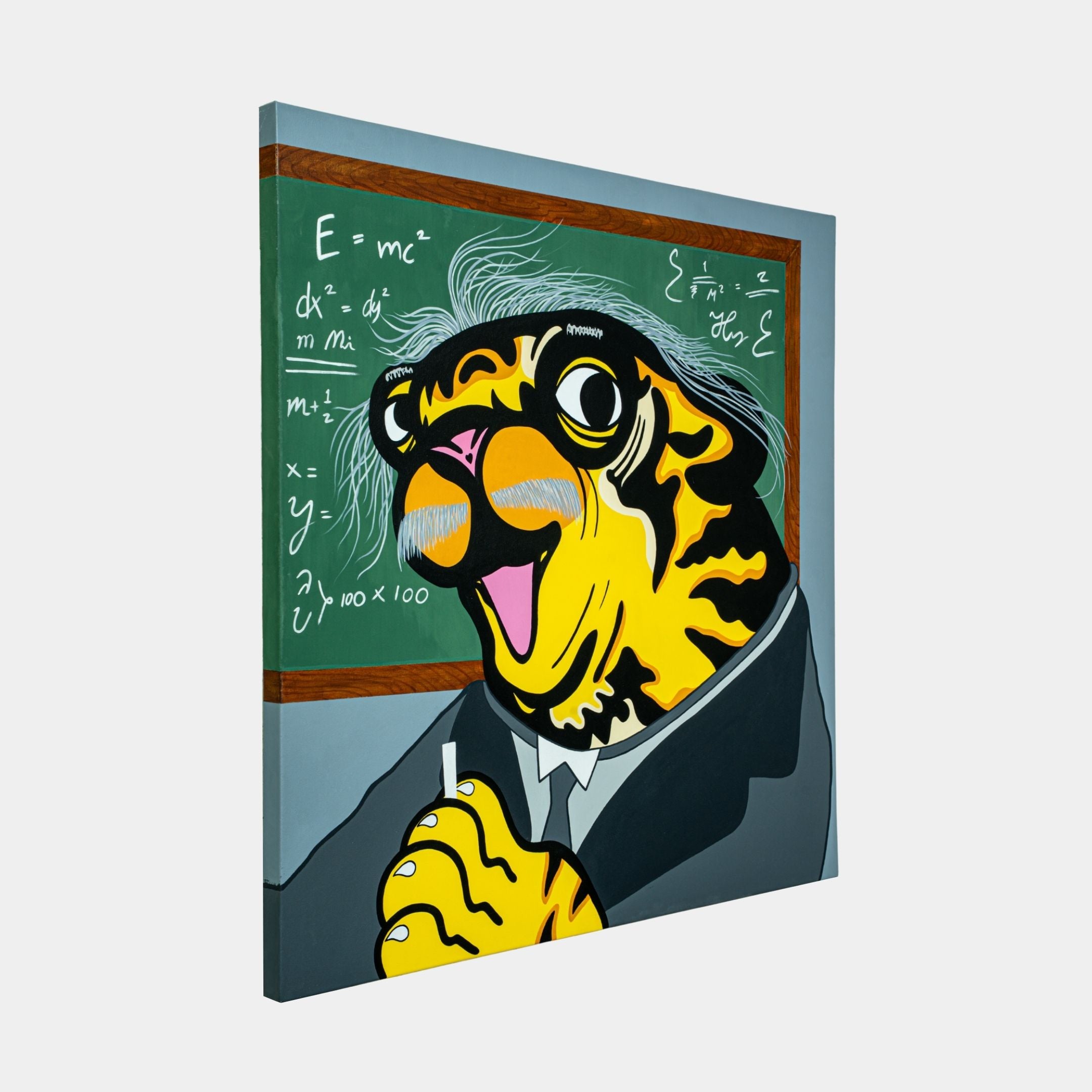 The Giant Sculptures Einstein Tiger Pop Art Canvas Painting features a tiger styled as Albert Einstein, complete with wild white hair and mustache, confidently holding chalk in its paw in front of an equation-filled chalkboard.