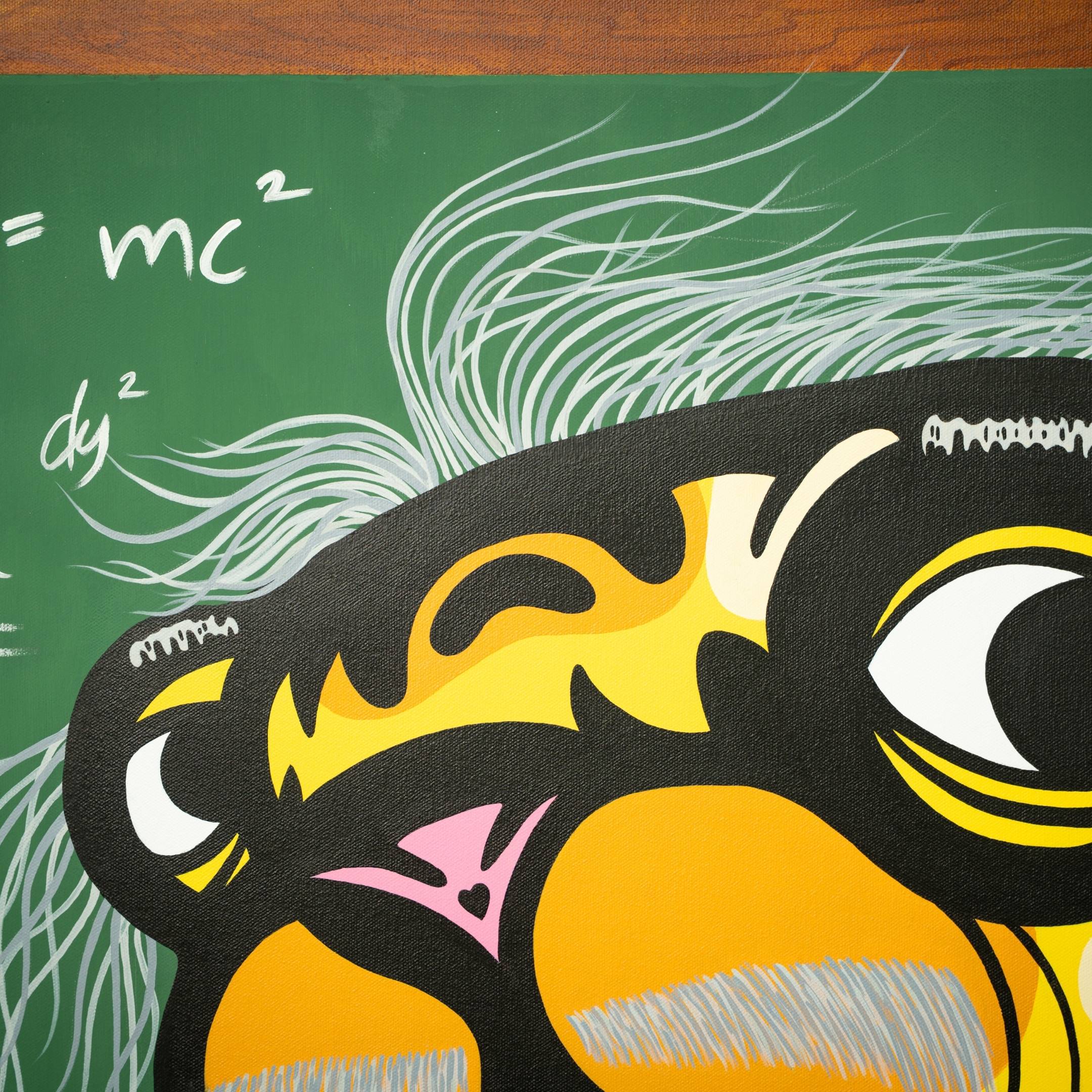 The Einstein Tiger Pop Art Canvas Painting by Giant Sculptures showcases an enigmatic, Einstein-like figure with wild hair and large eyes, set against a colorful backdrop of mathematical formulas on a green chalkboard, creating a curious blend of wisdom and pop art.