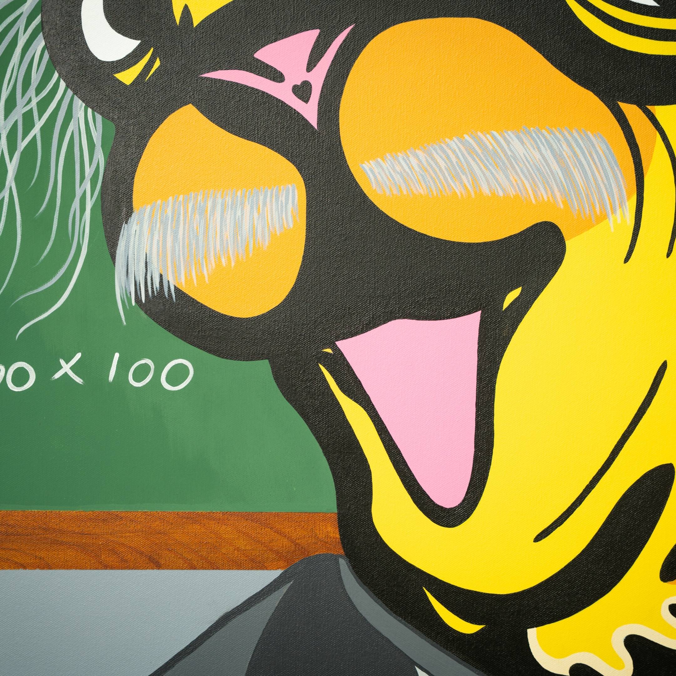 The vibrant mural features a cartoon character with yellow and black colors, bushy white eyebrows, and a large pink tongue, reminiscent of the playful Einstein Tiger Pop Art Canvas Painting by Giant Sculptures. It pops against a green chalkboard with numbers.