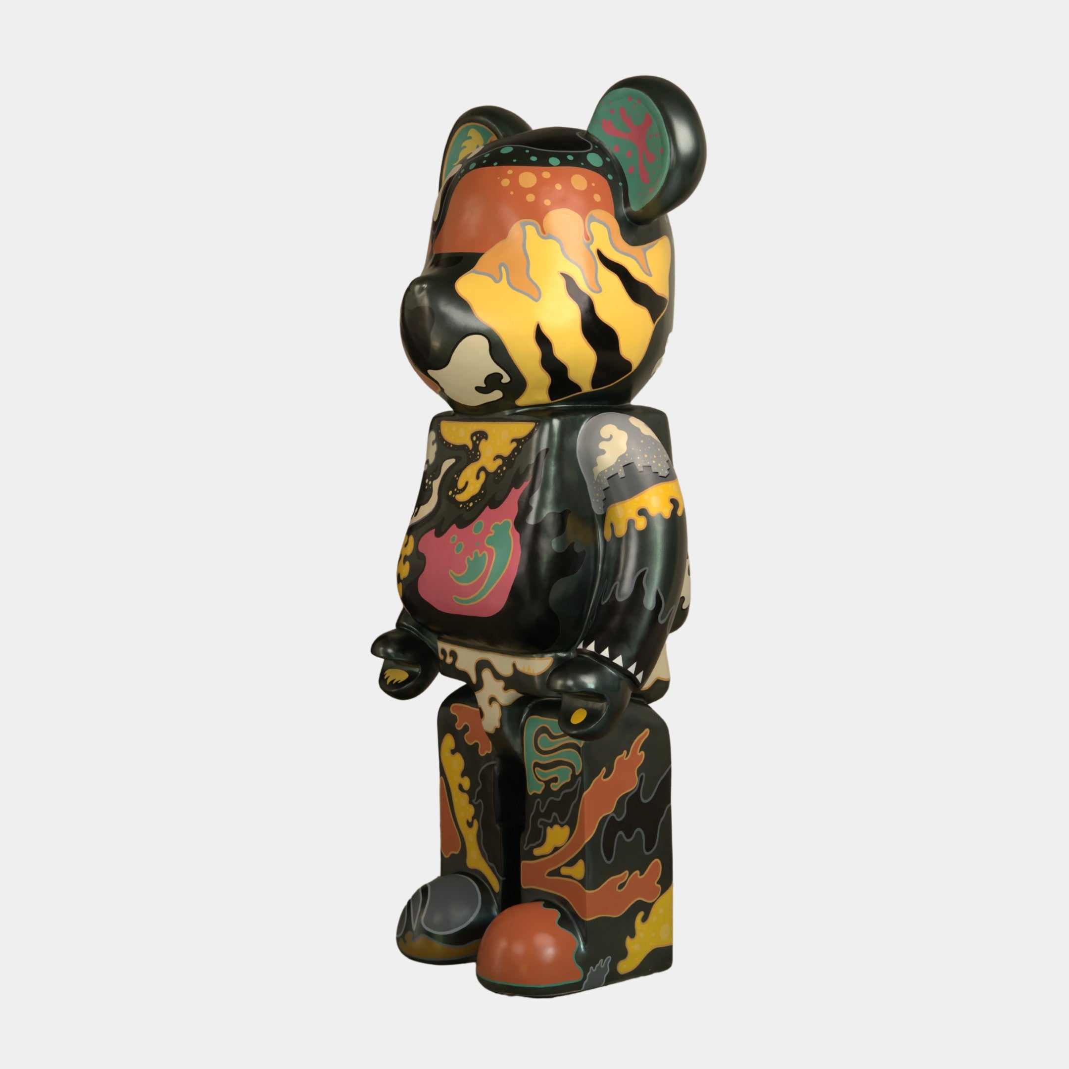 The Inside Appears Outside Bear Sculpture - 135cm by Giant Sculptures is a standing bear art toy inspired by Jirayu Tantrakul, featuring black, yellow, orange, brown, and green camouflage with oil paint tiger stripes and abstract designs.