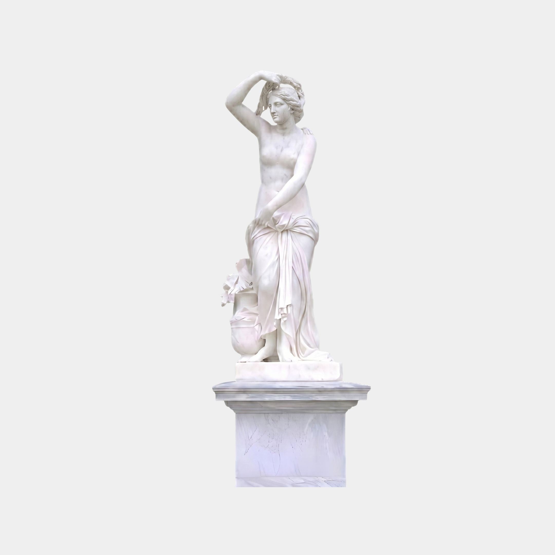 Four Seasons Group Marble Statue 220cm by Giant Sculptures, white marble female figure with raised arm and draped lower body on a marble pedestal.