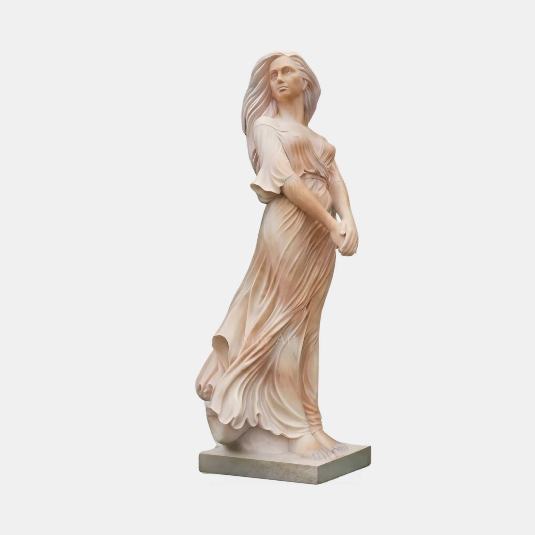 Sunset Marble Dancing Woman Sculpture 160cm by Giant Sculptures, side view of a woman in flowing draped gown with windswept hair, warm amber and pink tones.