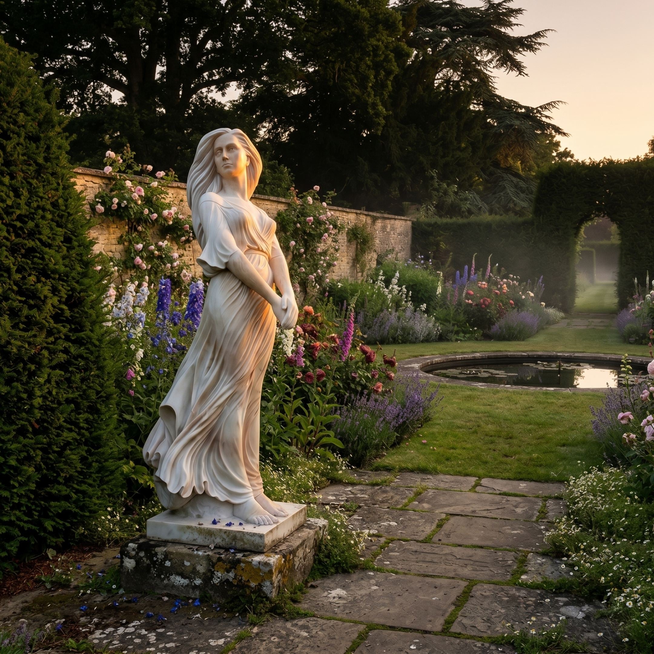 Sunset Marble Dancing Woman Sculpture by Giant Sculptures, 160cm, shown on a stone plinth in a walled garden with flower borders and a pond at dusk.