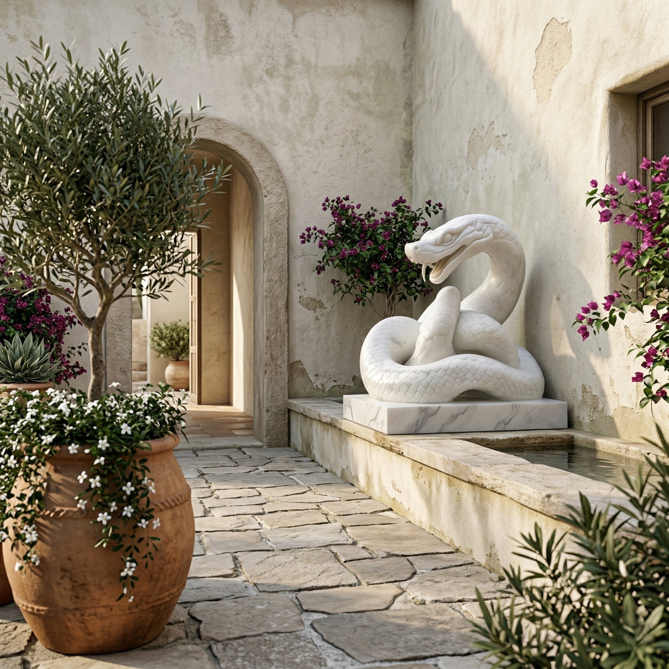 A Mediterranean-style courtyard features the Coiled Snake White Marble Outdoor Sculpture (100cm) by Giant Sculptures in a fountain, surrounded by potted plants, purple flowers, and rustic stone walls with soft sunlight filtering in.