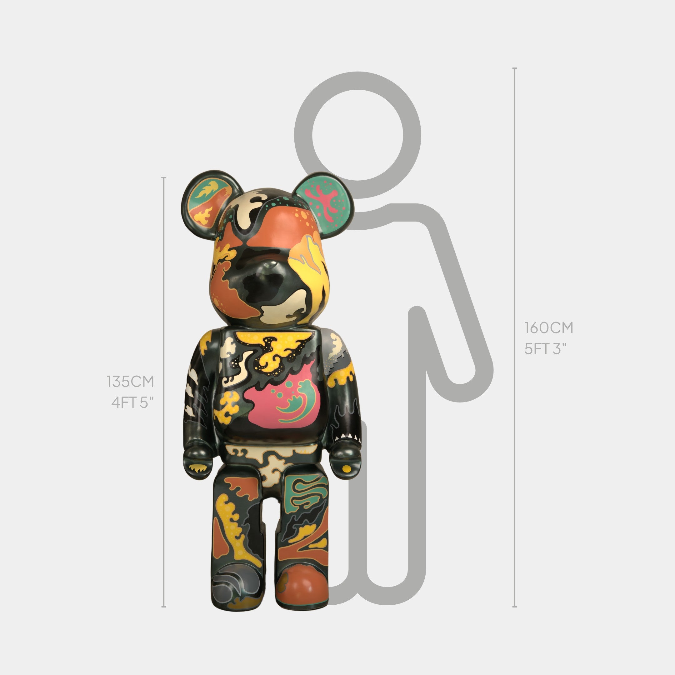 The Inside Appears Outside Bear Sculpture - 135cm by Giant Sculptures is a multicolored, patterned bear figurine (135cm/4ft 5in tall) shown in front of a human outline measuring 160cm (5ft 3in).