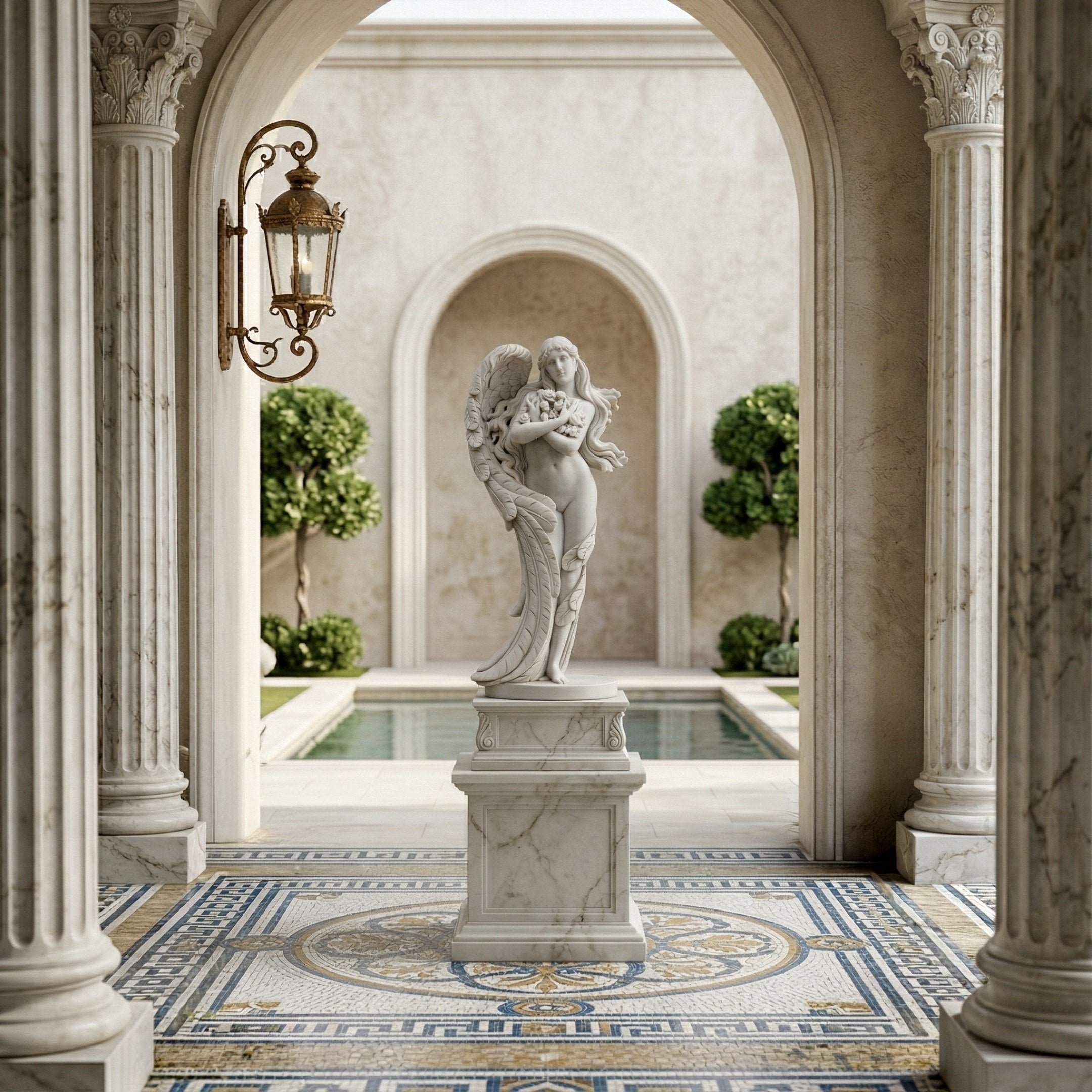 The Leafy Embrace Angel Marble Outdoor Sculpture by Giant Sculptures stands on a pedestal in a classical courtyard with ornate columns, mosaic-tiled floor, arched entryways, trimmed trees, and a rectangular reflecting pool in the background.